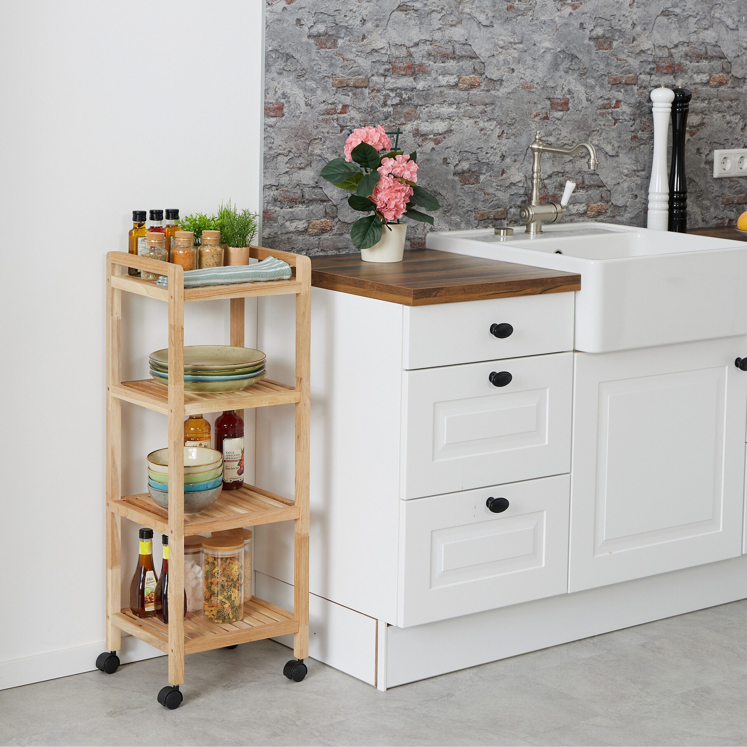 relaxdays Badregal Holz mit Rolle
