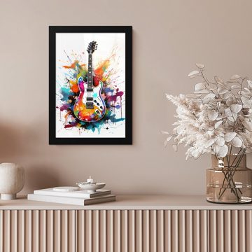 MuchoWow Poster Gitarre - Graffiti - Musik - Weiß, (1 St), Gerahmtes Poster, Wanddeko, Bilder, Wandposter, Schwarzem Bilderrahmen