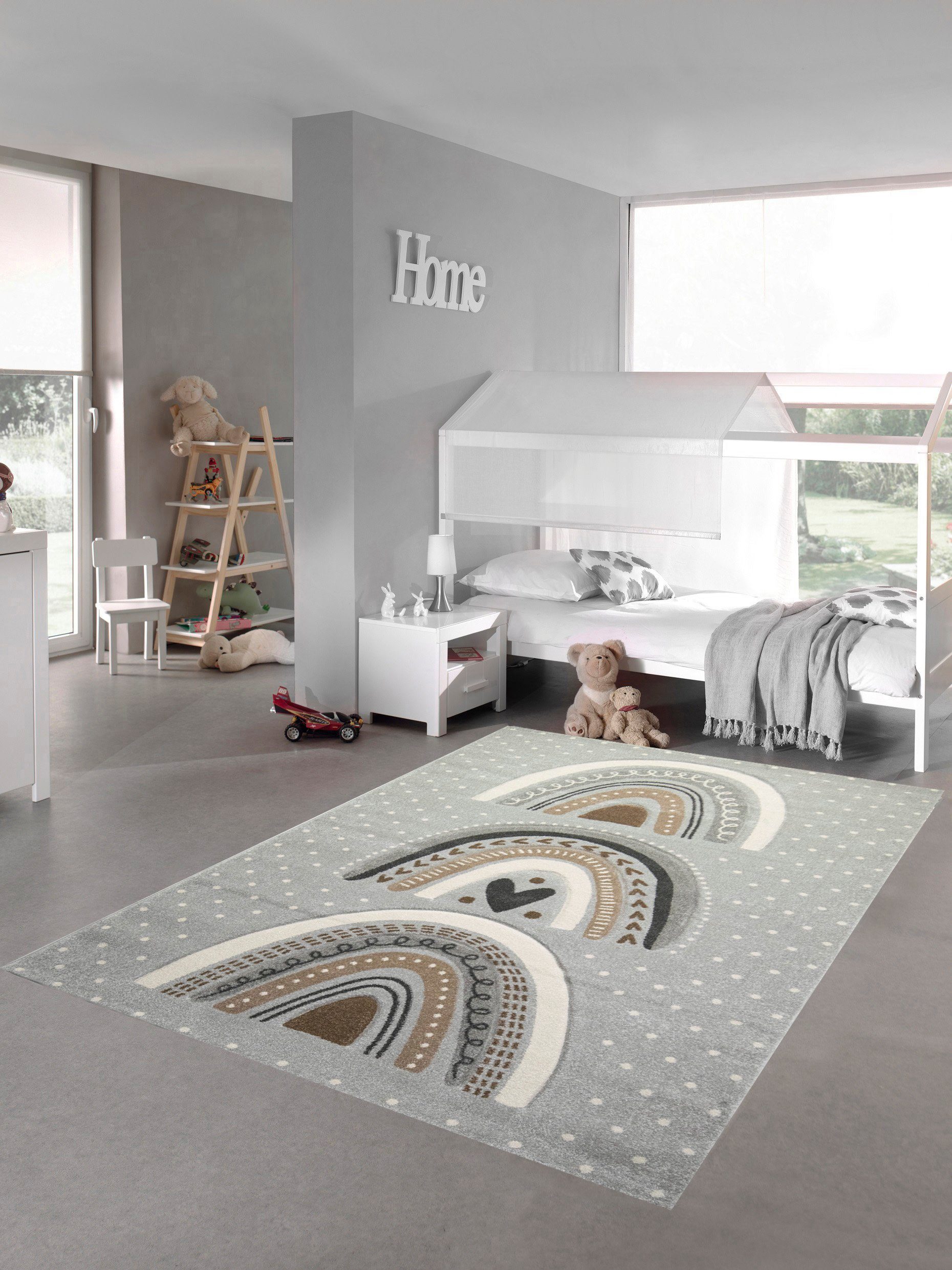 Kinderteppich Kinderzimmer Teppich Spielteppich gepunktet Herz Regenbogen Design - grau braun, Teppich-Traum, rechteckig, Höhe: 13 mm