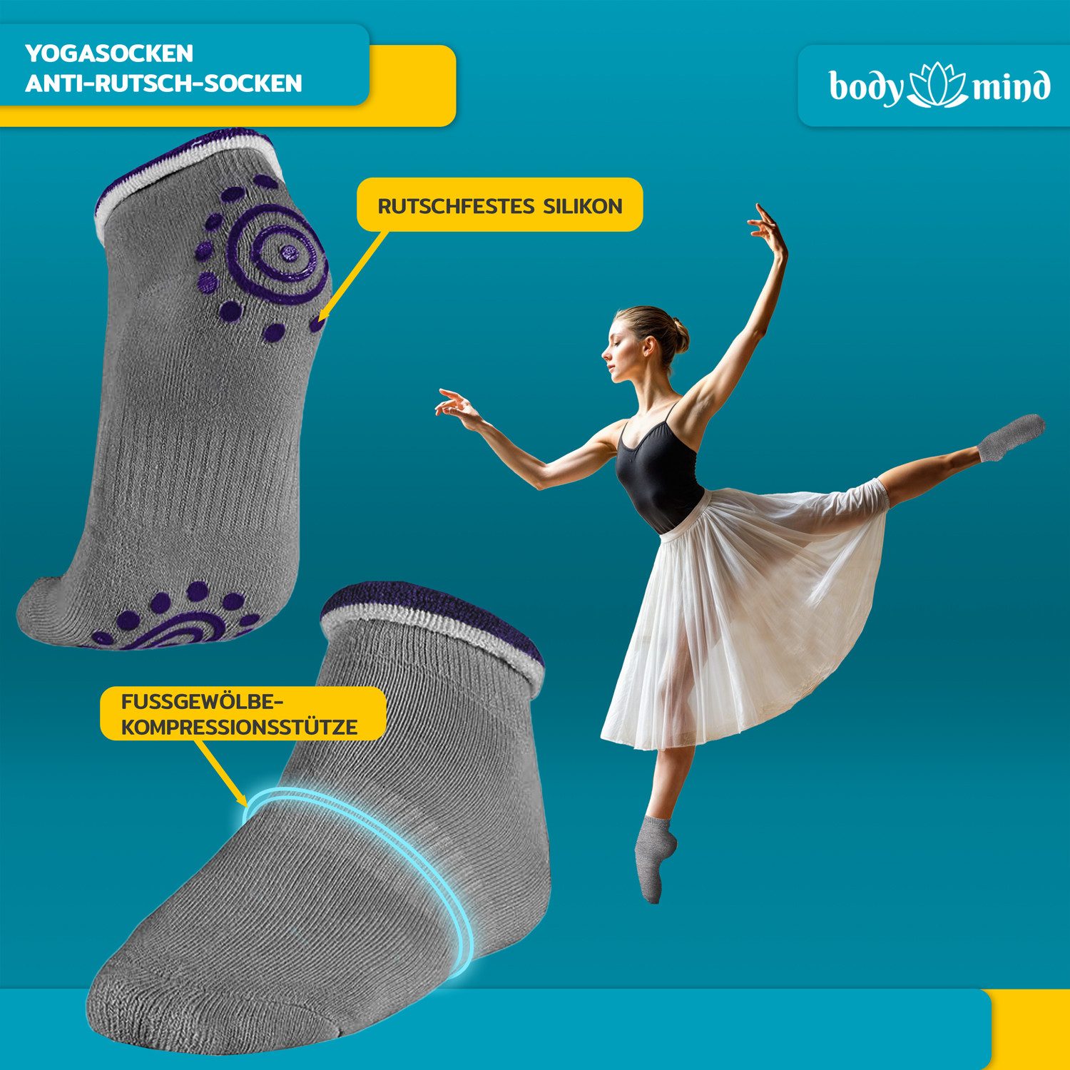 Body & Mind Sportsocken Yogasocken (4-Paar, rutschfeste Socken) mit Stopper günstig online kaufen