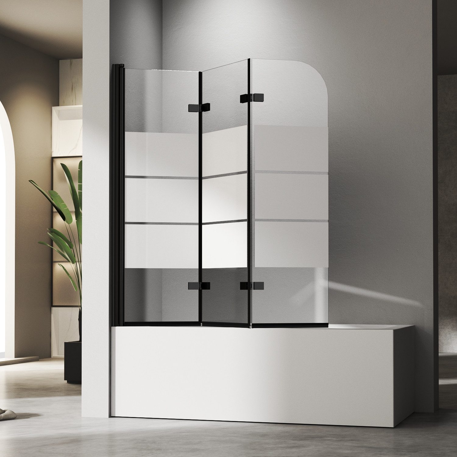 Hopibath Duschwand für Badewanne milchglas Schwarz 140 x 140, 5mm Sicherheitsglas, (Badewannenfaltwand 3 teilig, 180° faltbar), mit Duschdichtungen, Hebe- / Senkfunktion