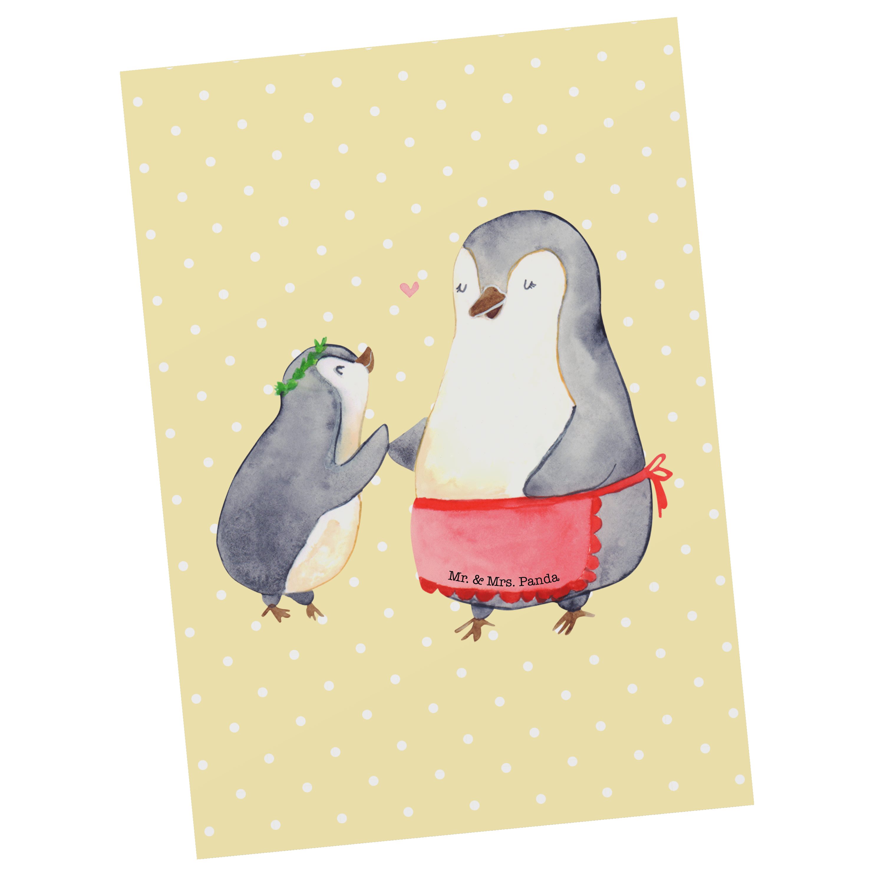 Mr. & Mrs. Panda Postkarte Pinguin mit Kind - Gelb Pastell - Geschenk, Familie, Mami, Tochter, M
