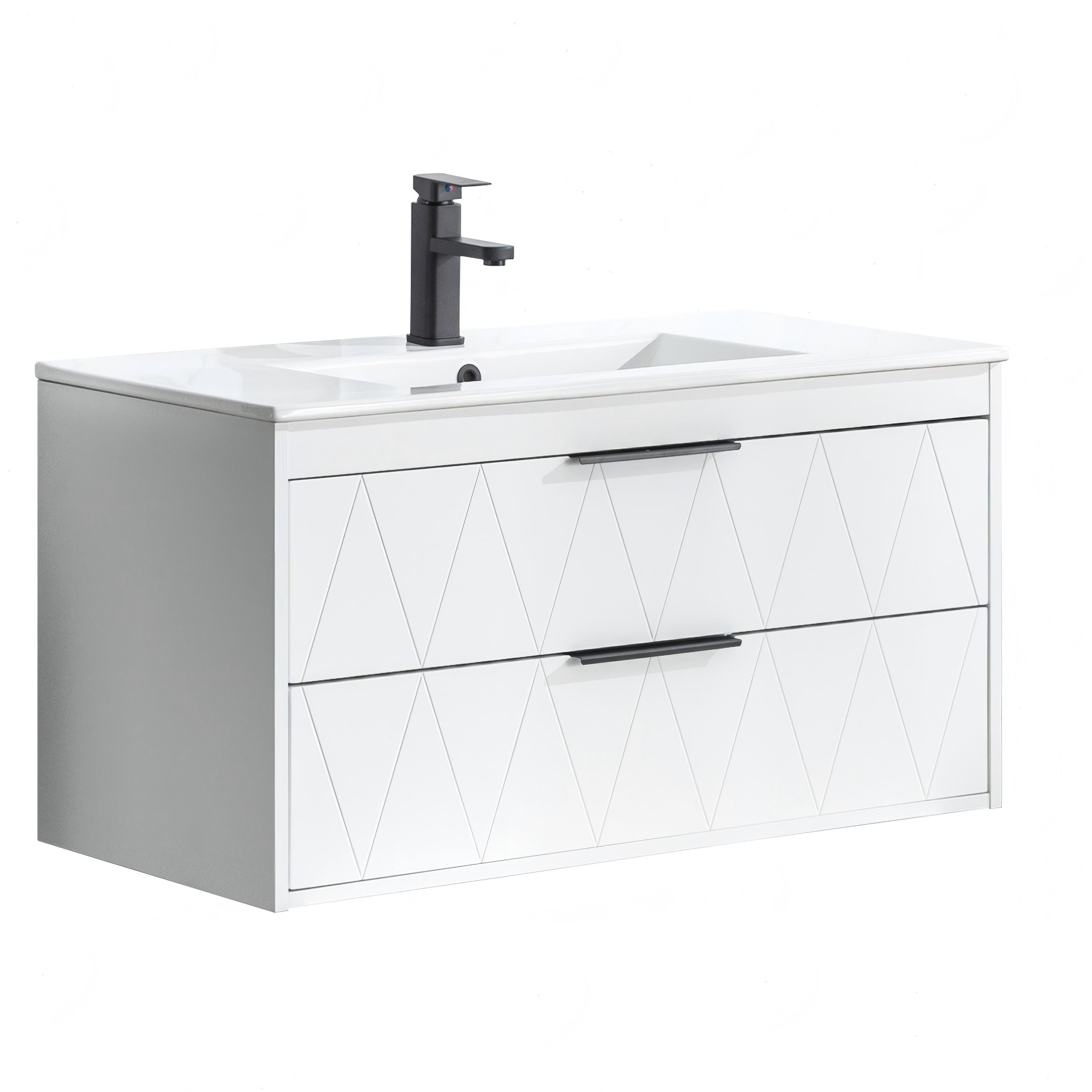 UEV Waschtisch mit Unterschrank, Hängender Waschbeckenunterschrank 60cm/75cm/90cm (mit Wasserhahn und Pop-up-Ablassventil), Soft-close Schubladen, Badezimmerschrank mit Waschbecken aus Keramik
