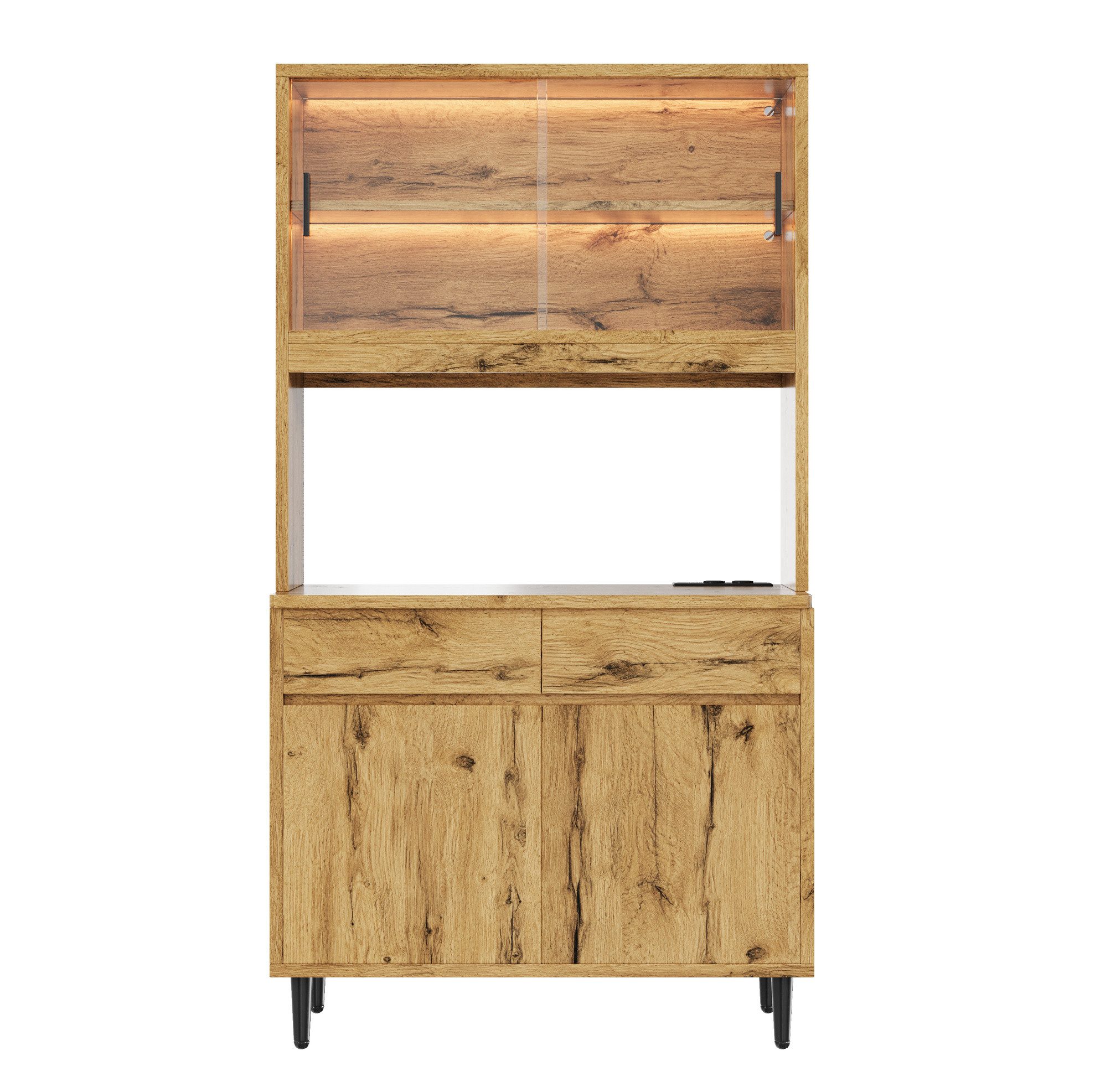 MODFU Hochschrank Kompakter Stauraumschrank – 100×185×40 cm mit LED (Packung, Eiche, USB, vielseitig, für moderne Räume) App-Steuerung, Glastüren, 2 Steckdosen