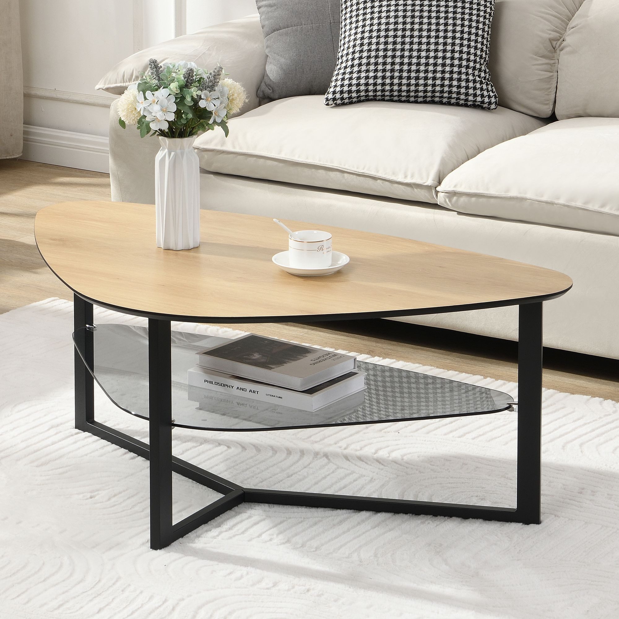FINEBUY Couchtisch FB111830 Wohnzimmertisch Nierenförmig Eiche Optik Glas A günstig online kaufen
