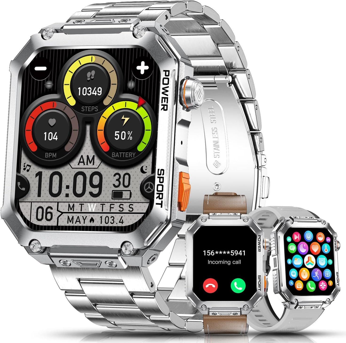 Zevelora Militär 400mAh 100+ Sportmodi 5ATM Wasserdicht mit Telefonfunktion Smartwatch (1.96 Zoll, Android/iOS), mit 3 Bänder 400mAh 100+ Sportmodi Telefonfunktion Metallarmband