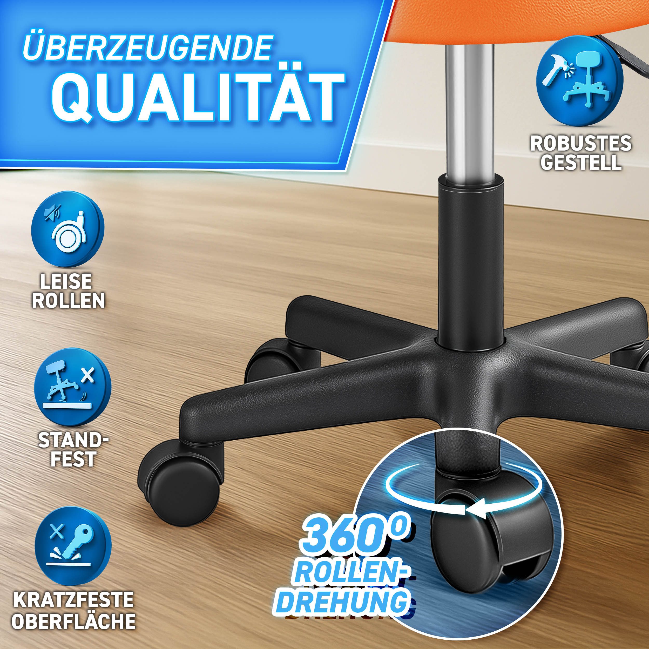 TRESKO Drehhocker Rollhocker höhenverstellbar, 10 cm Dicke Polsterung, Arbeitshocker Hocker 360° drehbar