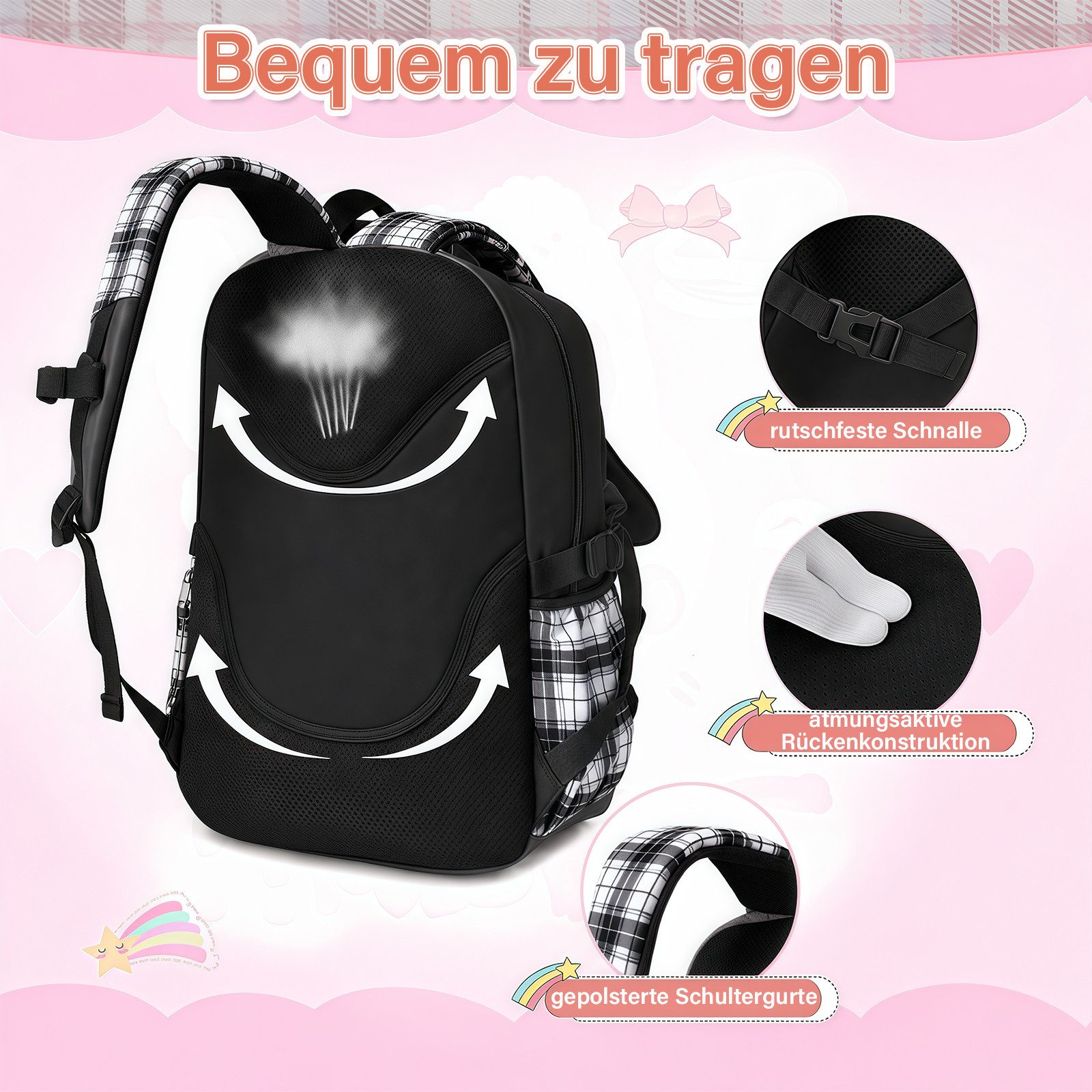 MOPUEA Schulrucksack Schulrucksack Set 3-tlg Wasserabweisend Ergonomisch mit Viele Fächer (Schulrucksack Set mit Lunchtasche und Federmäppchen, Rucksack Lunchta – Bild 2 von 5