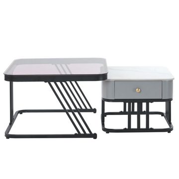 REDOM Couchtisch 2er Set mit Glasplatte und Metallrahmen (2-St), Quadrat Beistelltisch mit Mamor-Tischplatte und Schublade, Satztisch