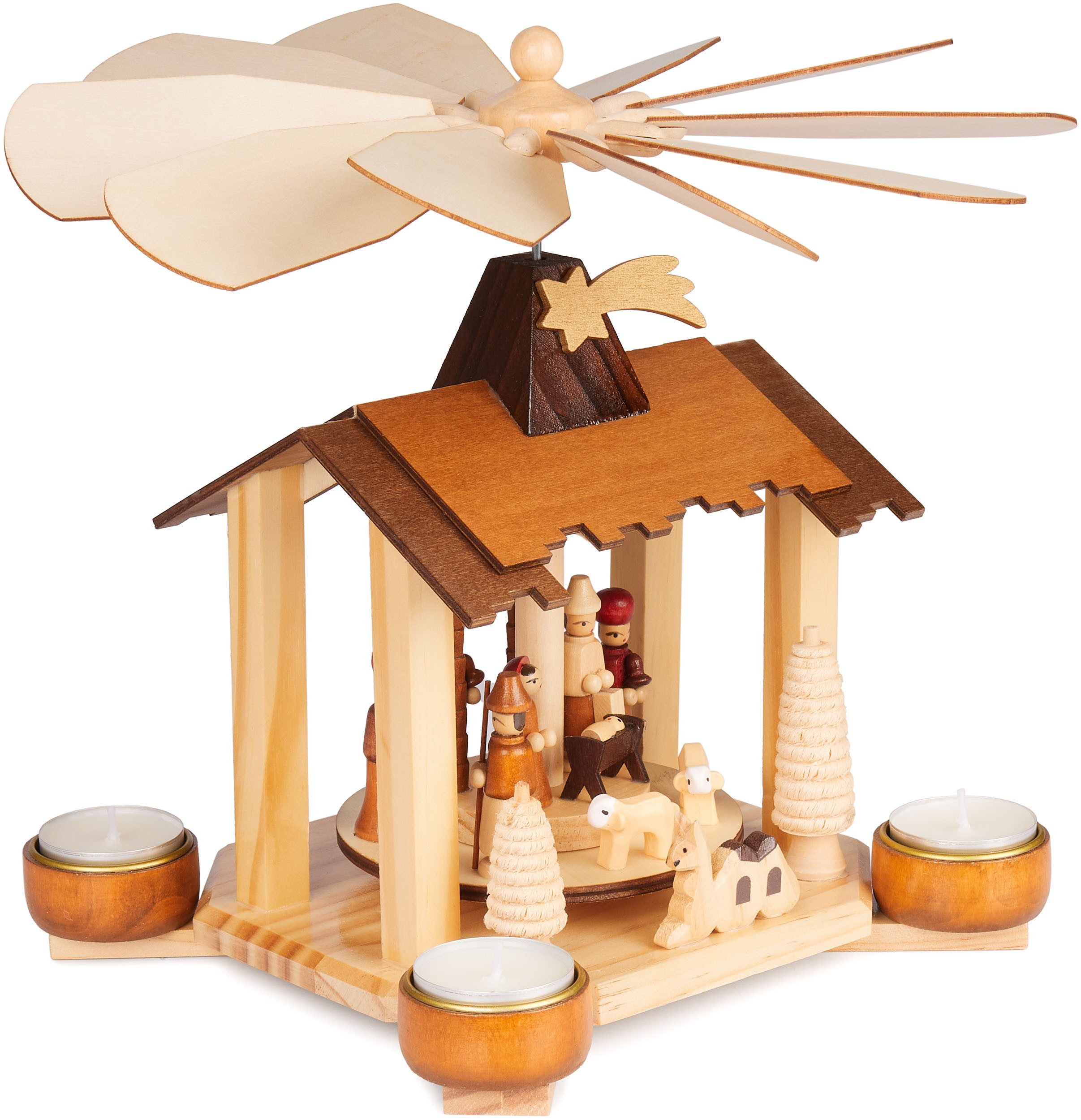 BRUBAKER Weihnachtspyramide 28 cm Holzpyramide - Krippe mit Jesus, Maria, Josef und Betlehem Stern, Teelichtpyramide aus Holz für Weihnachten - Handbemalt - Braun