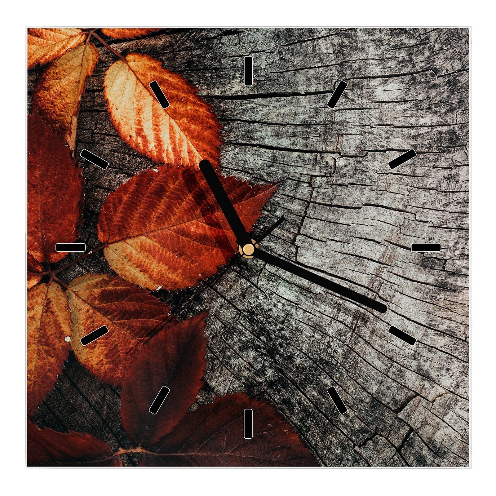 Primedeco Wanduhr Glasuhr Wanduhr Wandkunst Größe 30 x 30 cm mit Motiv Herbstblätter auf Stamm