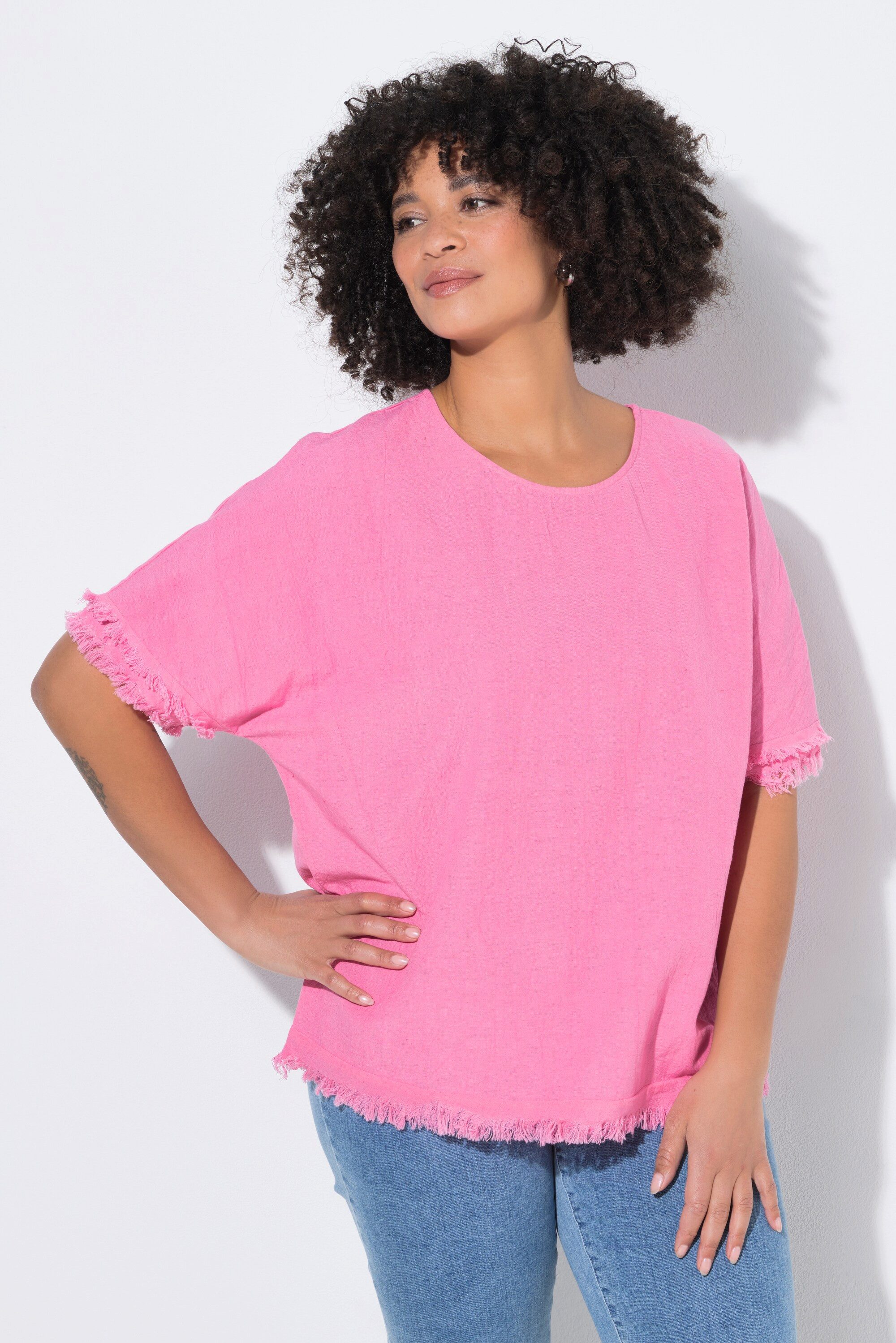 Angel of Style Druckbluse Blusenshirt Oversize Fit Leinenanteil Fransen