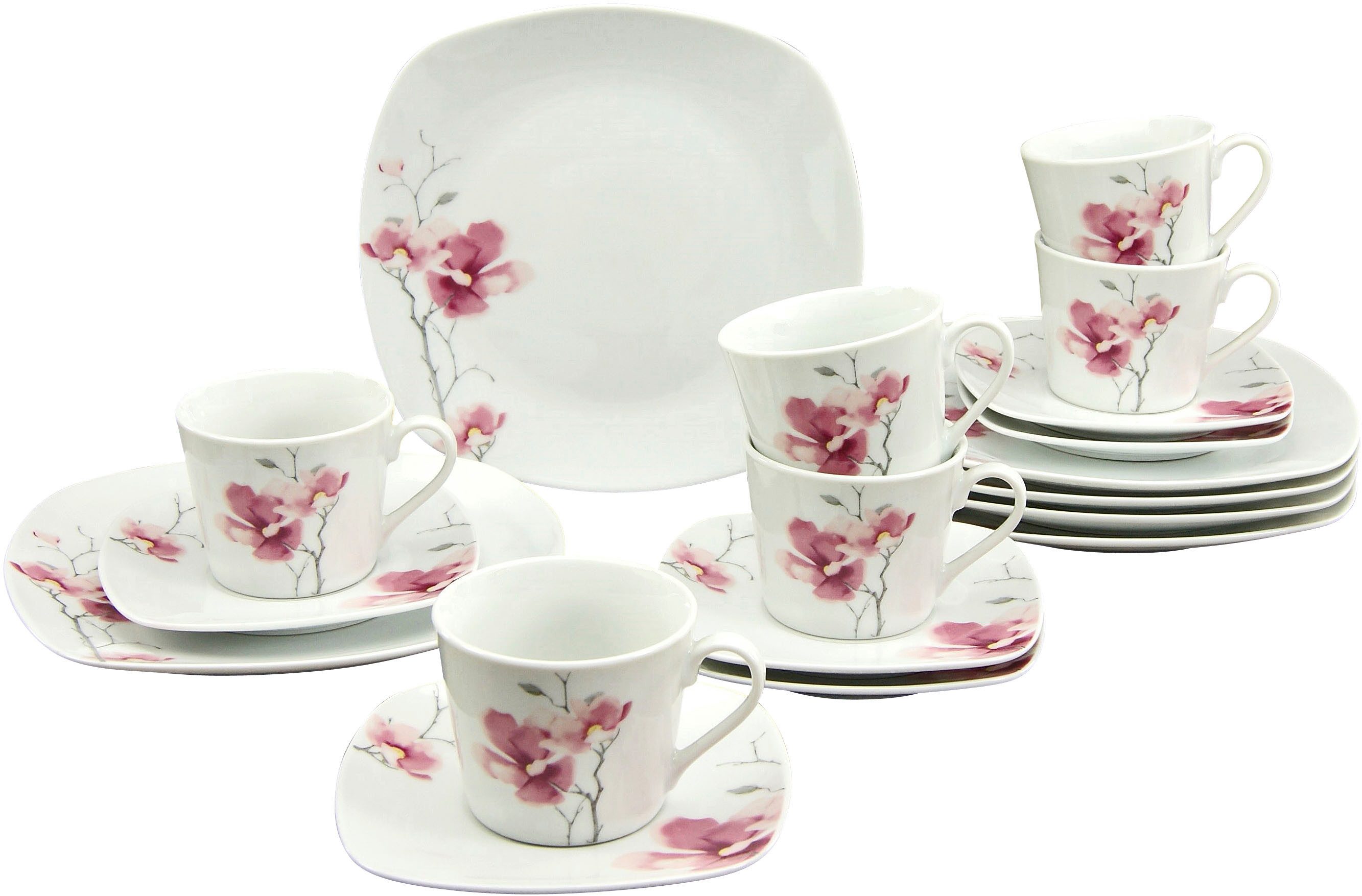 CreaTable Kaffeeservice Amelie Aiko, Kaffee-Service 18-tlg (18-tlg), 6 Personen, Porzellan, Blumendekor