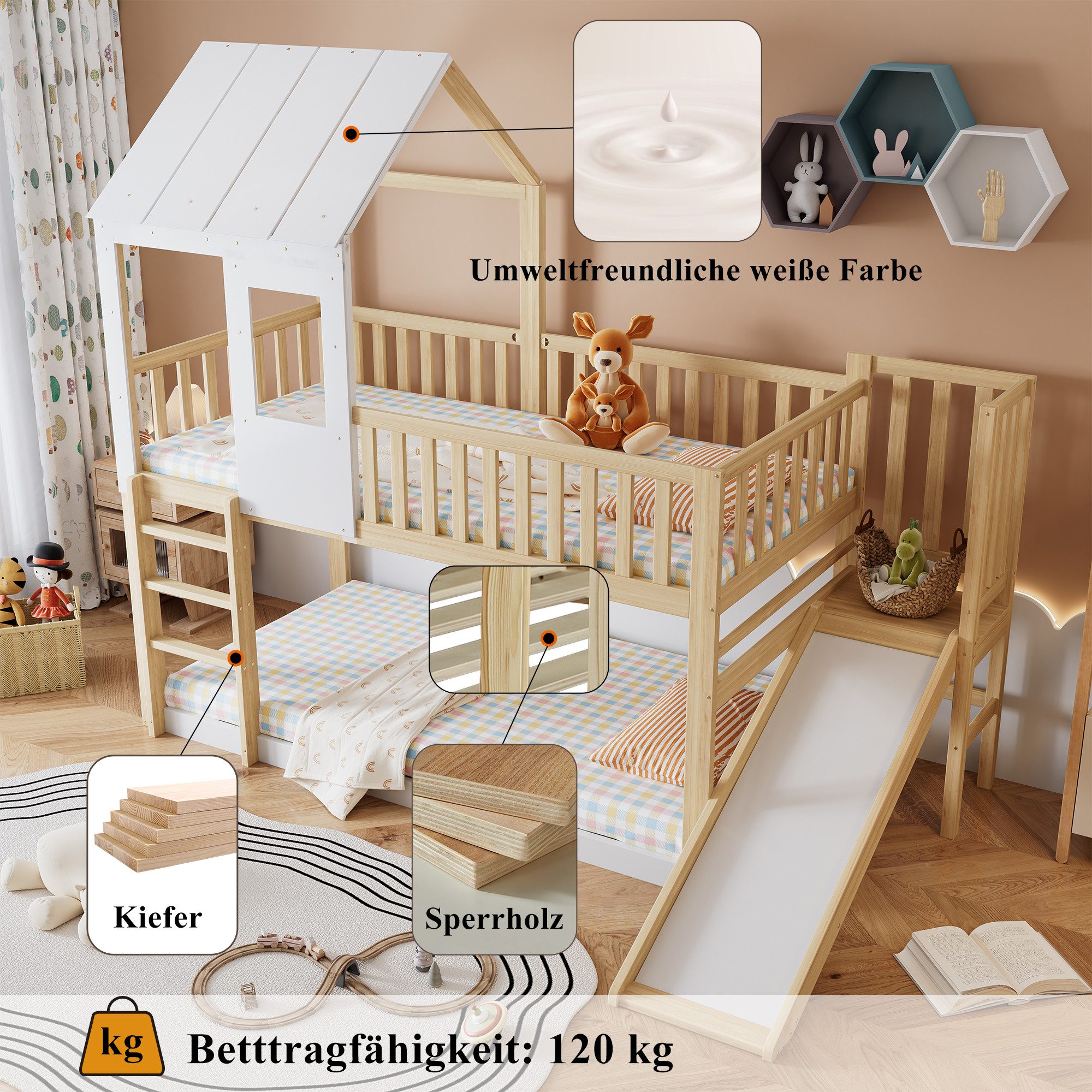 Flieks Etagenbett, Hochbett mit oberem Lattenrost & Leiter & Rutsche 90x200cm