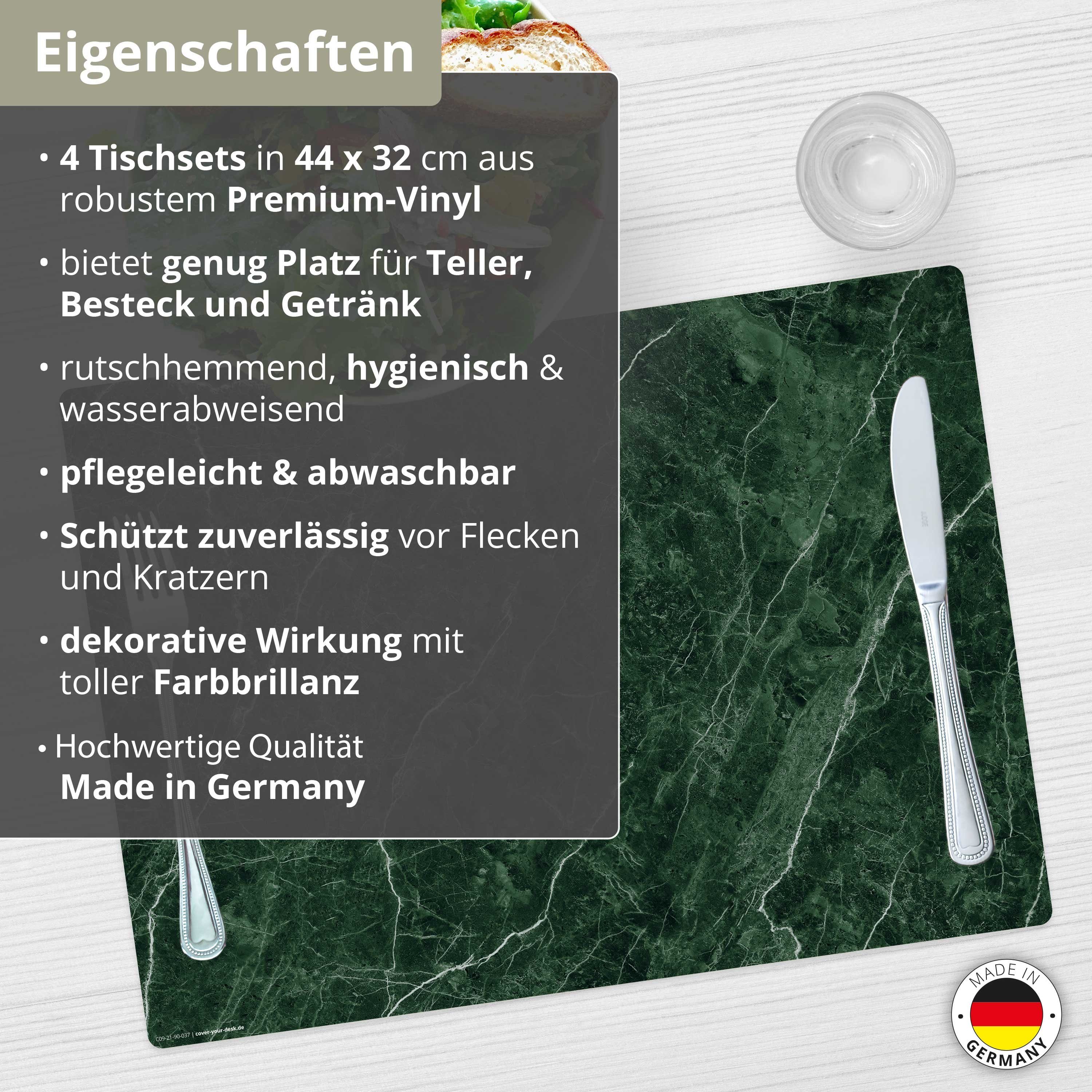 cover-your-desk.de Platzset Tischset, Platzset abwaschbar - Edler Grüner Marmor, (aus erstklassigem Vinyl (Kunststoff - BPA-frei), 4-St., rutschfeste Tischunterlage in tollem Design), Made in Germany