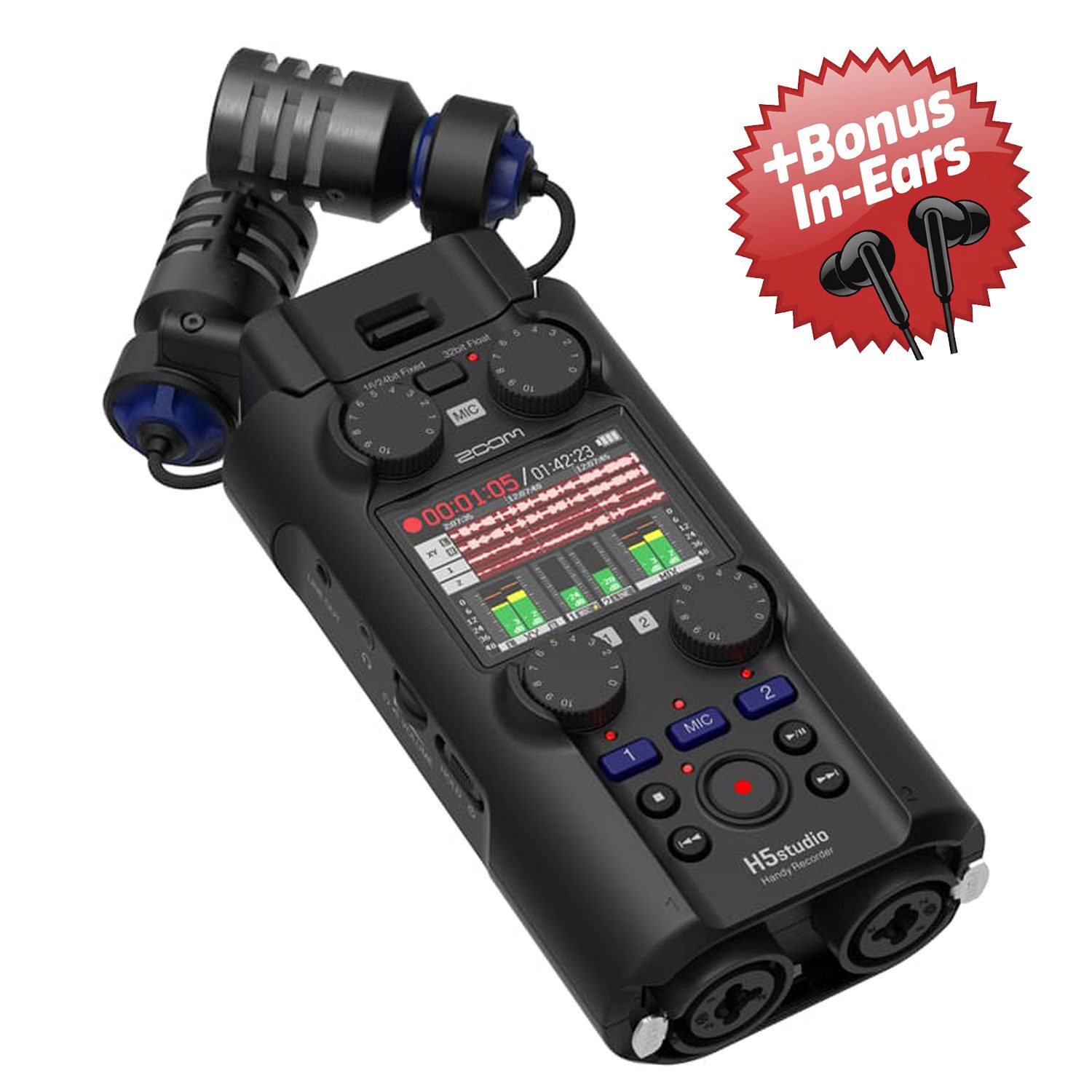 Zoom Audio Zoom Audio-Recorder H5 Studio + Bonus In-Ear-Kopfhörer Digitales Aufnahmegerät (Mobiler Audio-Rekorder mit Stereo-Mikrofonkapsel)