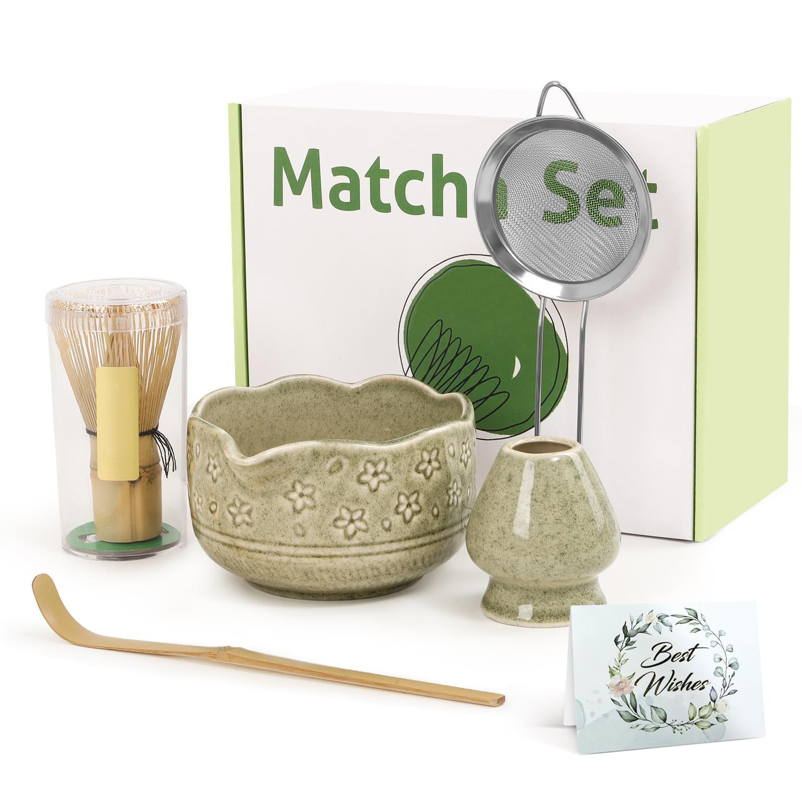 Coonoor Чайный сервиз Premium Matcha Tee Set Teezubereitung, Teezeremonie Ausrüstung (5-tlg), mit Keramikschale, Edelstahlsieb, Löffel & Whisk Halter
