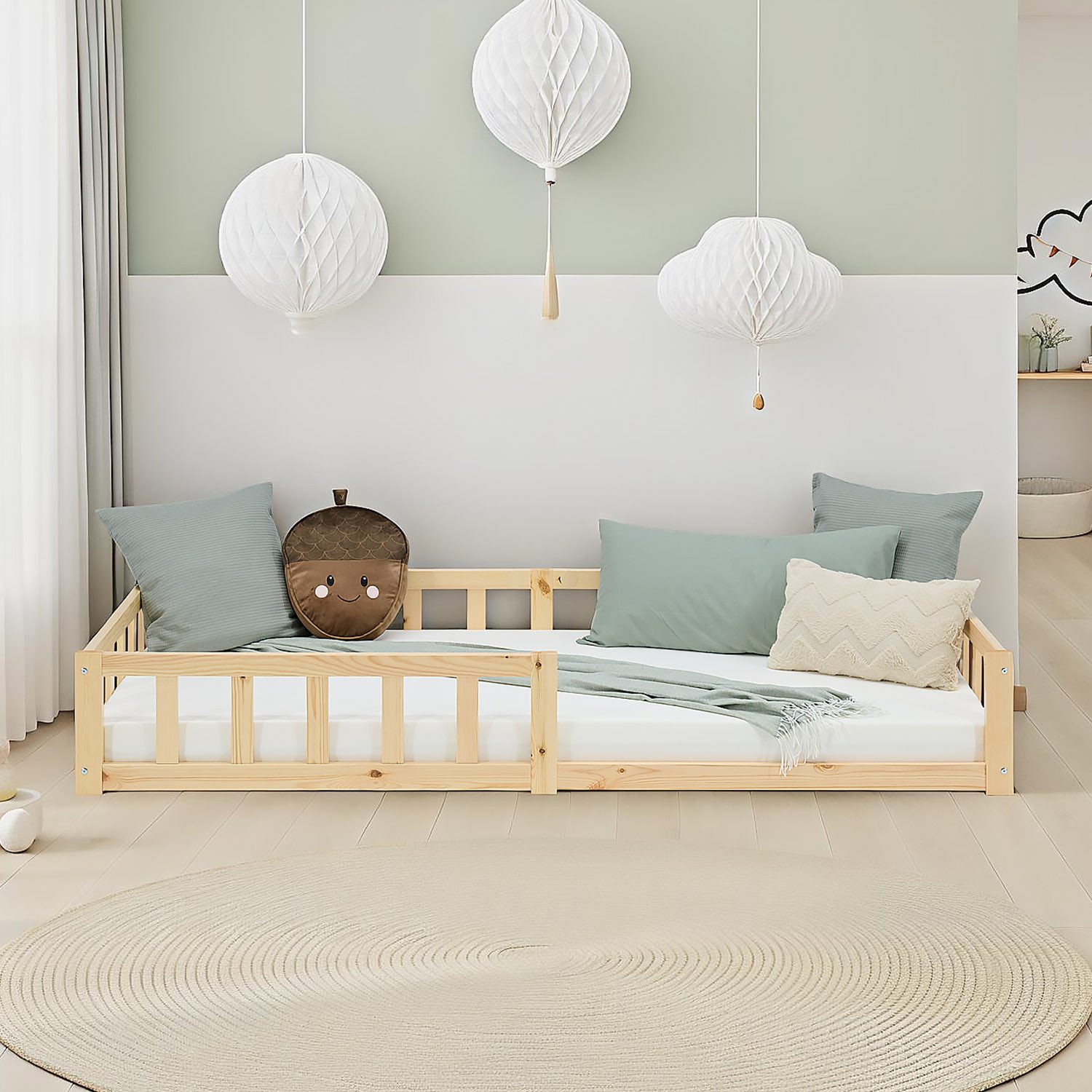 Homestyle4u Kinderbett 90x200 / 120x200 Weiß Natur Holzbett Bodenbett Montessori Kleinkind (Set, mit Lattenrost), mit Rausfallschutz