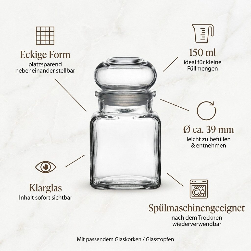 gouveo Vorratsglas Gewürzgläser 150 ml eckig mit Glaskorken - Gläser mit Glasstopfen, (24-tlg), Glaskorken, eckige Form, luftdicht verschließbar – Bild 3 von 5
