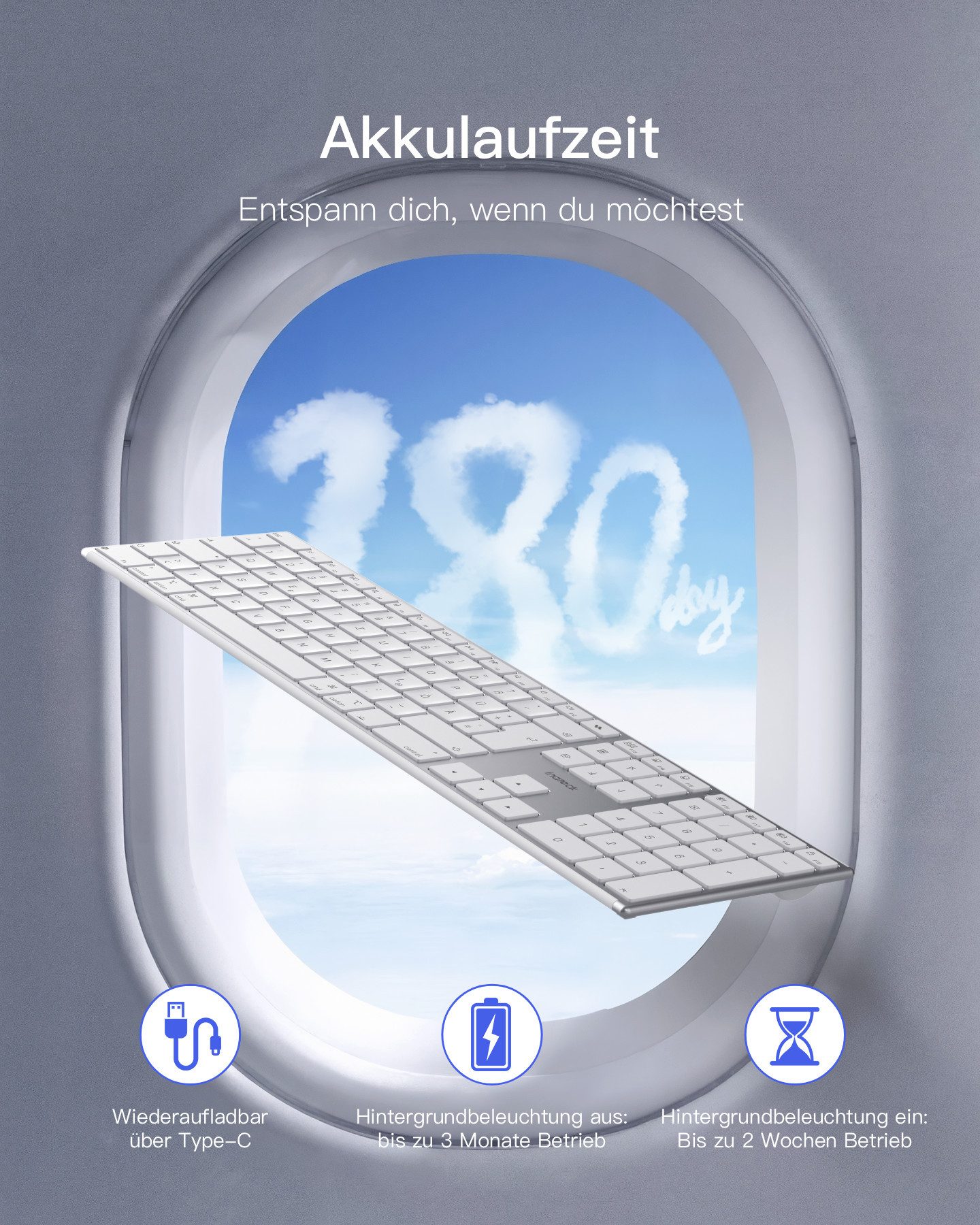 Inateck Bluetooth Mac Tastatur Kabellose mit 3 BT Kanälen,Leise Tasten Wireless-Tastatur (Kompatibel mit MacBook Pro/Air, iMac, iMac Pro, Mac mini,iPad) – Bild 4 von 5