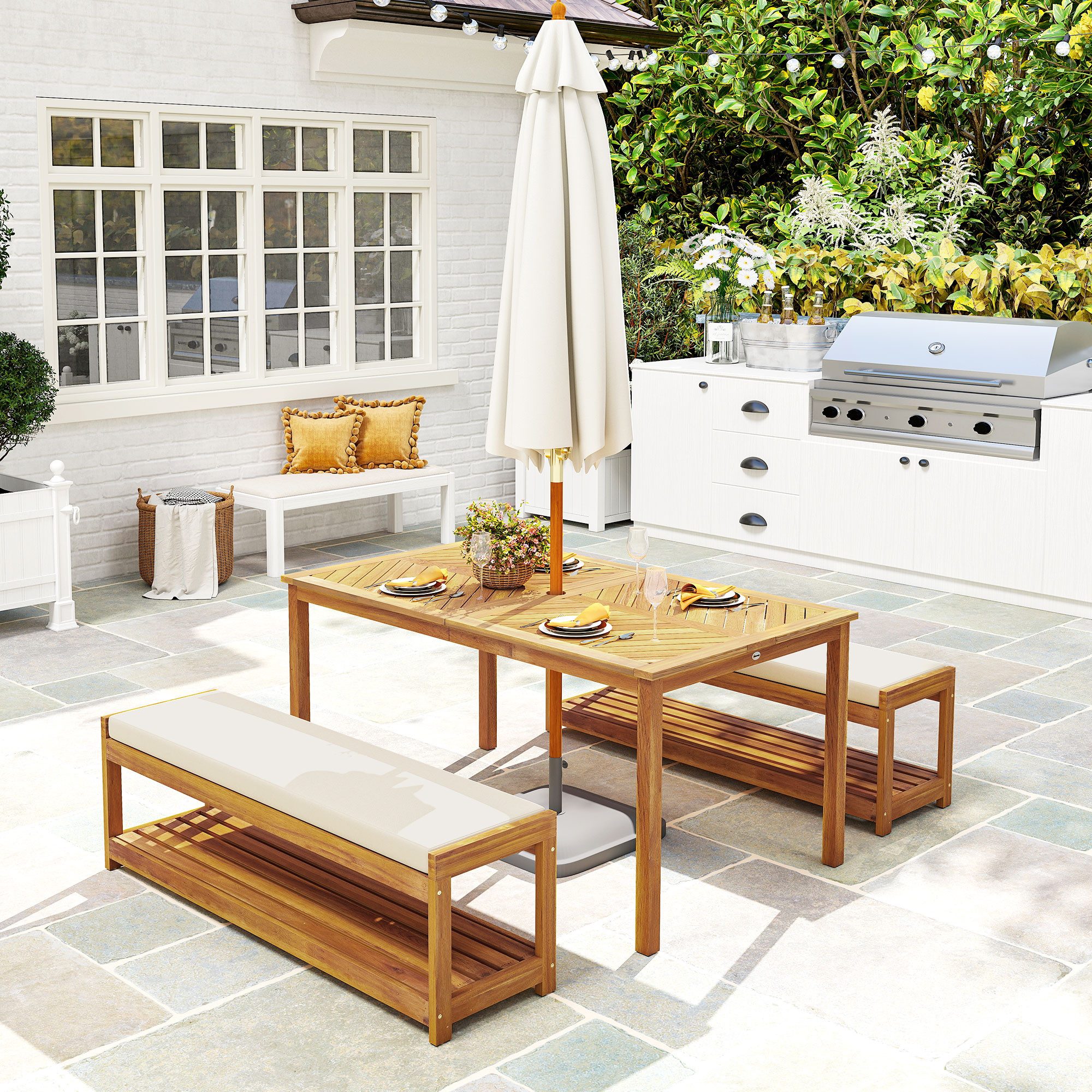 Outsunny Sitzgruppe inkl. 1 Esstisch mit Schirmloch, 2 Bänke, (Sitzgarnitur aus Akazienholz, 3-tlg., 3 tlg. Gartenmöbel-Set), für Balkon, Terrasse, Teak