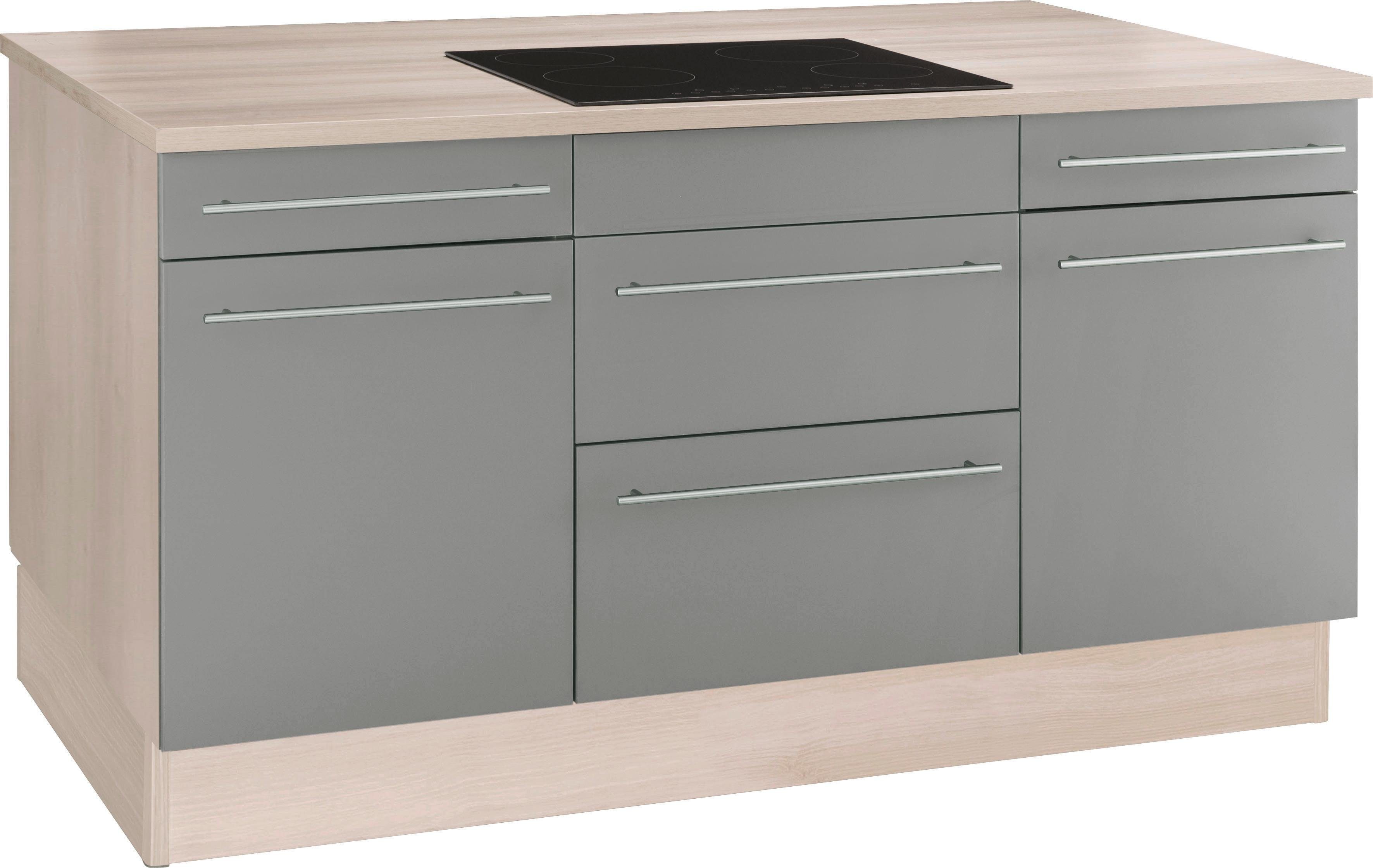 OPTIFIT Kücheninsel Bern, Stellbreite 160x95 cm mit höhenverstellbaren Füßen, mit Metallgriffen basaltgrau/akaziefarben