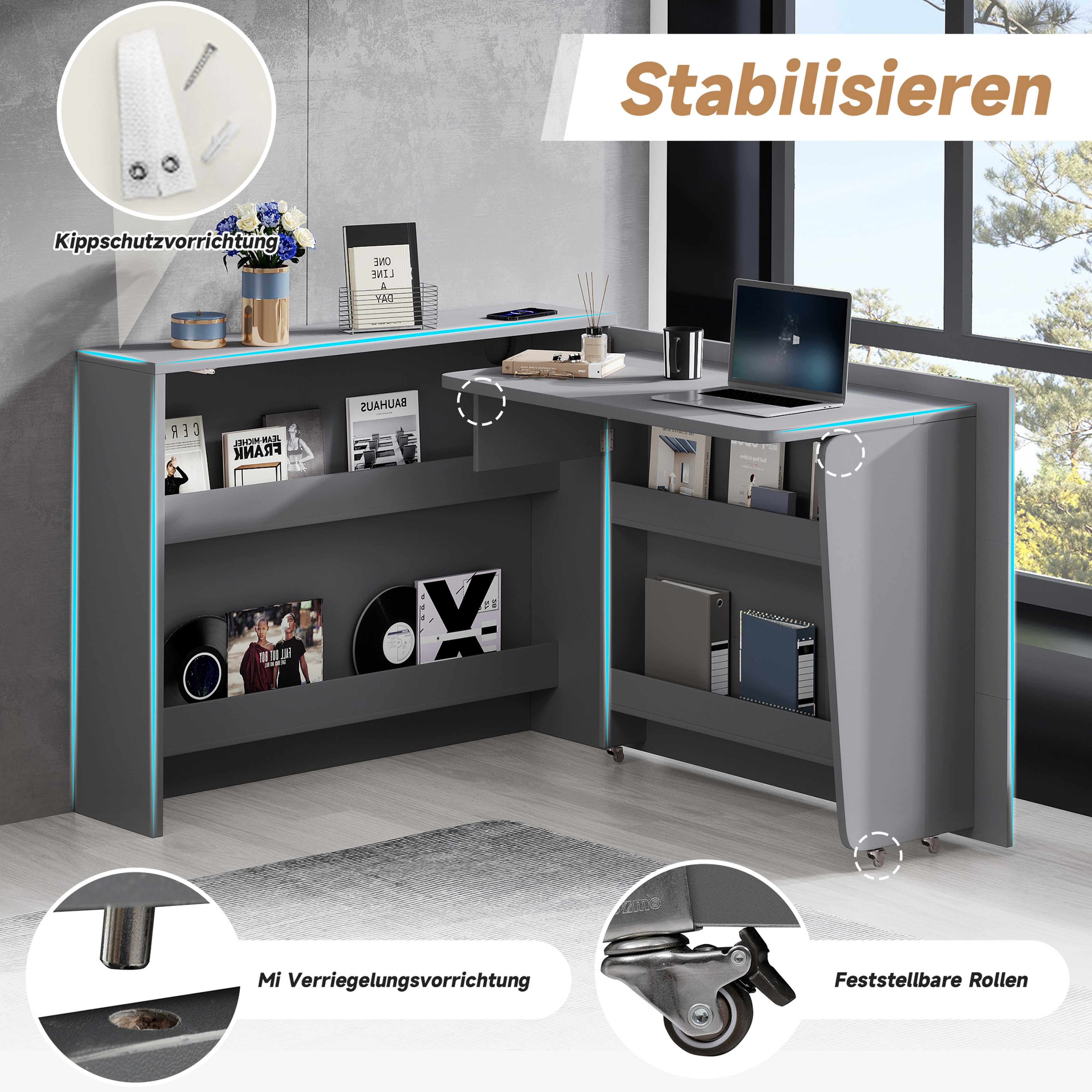 BlingBin Schreibtisch Eckschreibtisch (1-St., Klappbarer Schreibtisch mit Rollen, 2-in-1 Sideboard-Funktion), integriertes Wireless Charging, Regalfächer, Anti-Kipp-Sicherung