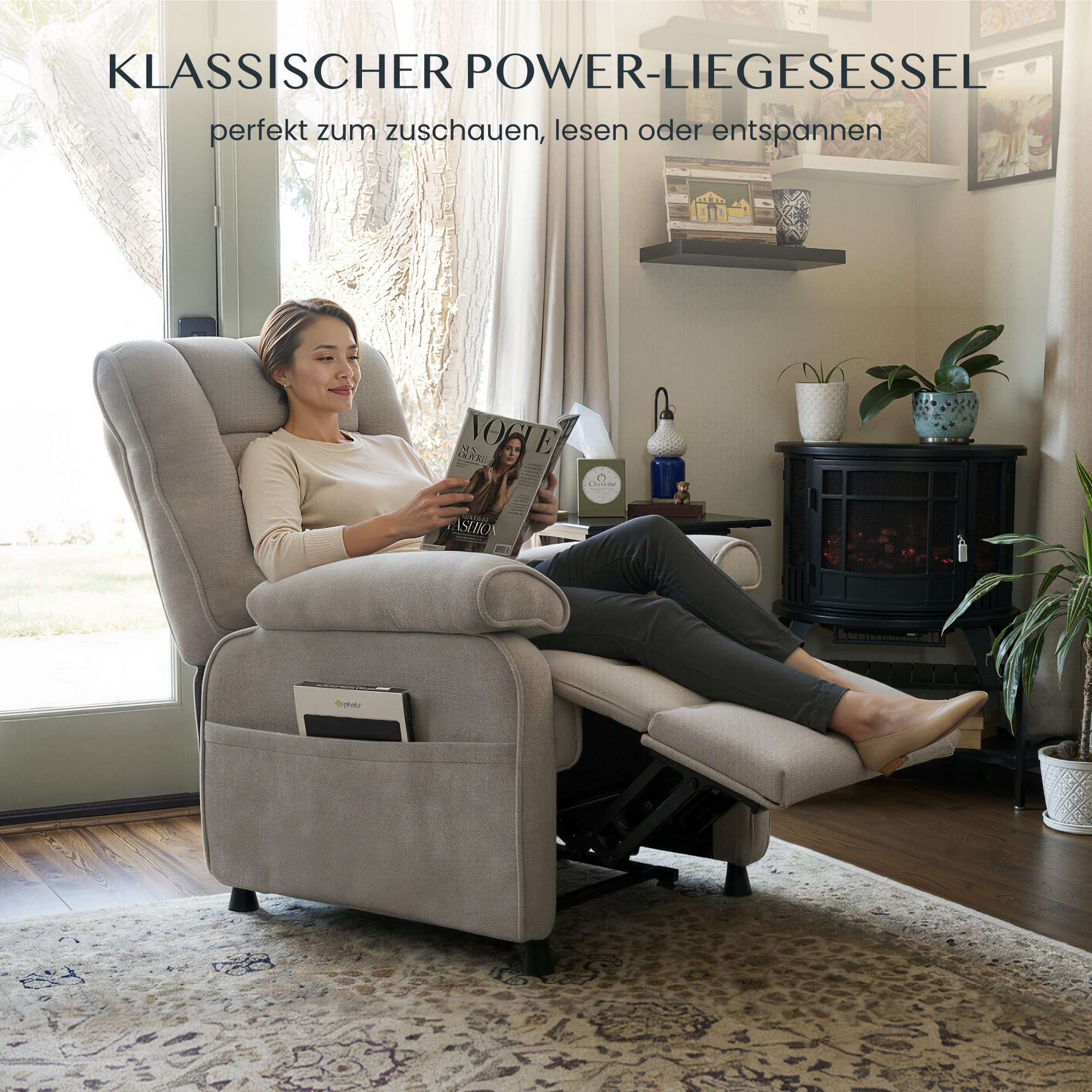 FLEXISPOT Relaxsessel Elektrischer Ergonomischer Fernsehsessel mit stufenloser Liegefunktion (mit stufenloser Liegefunktion 105°–155°, zusätzliche Schnellbedienung für Aufrichten & Zurückstellen), extra dicke Polsterung, große Seitentasche, belastbar bis 150 kg