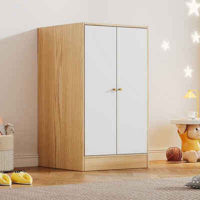 JOIVI Kleiderschrank Kleidungschrank mit Stange, 2-türiger Kinderkleiderschrank (1 er Set Kleidungschrank in Natur und Weiß, für Schlafzimmer, Kinderzimmer, Wohnzimmer) Drehtürenschrank mit 2 Fächer