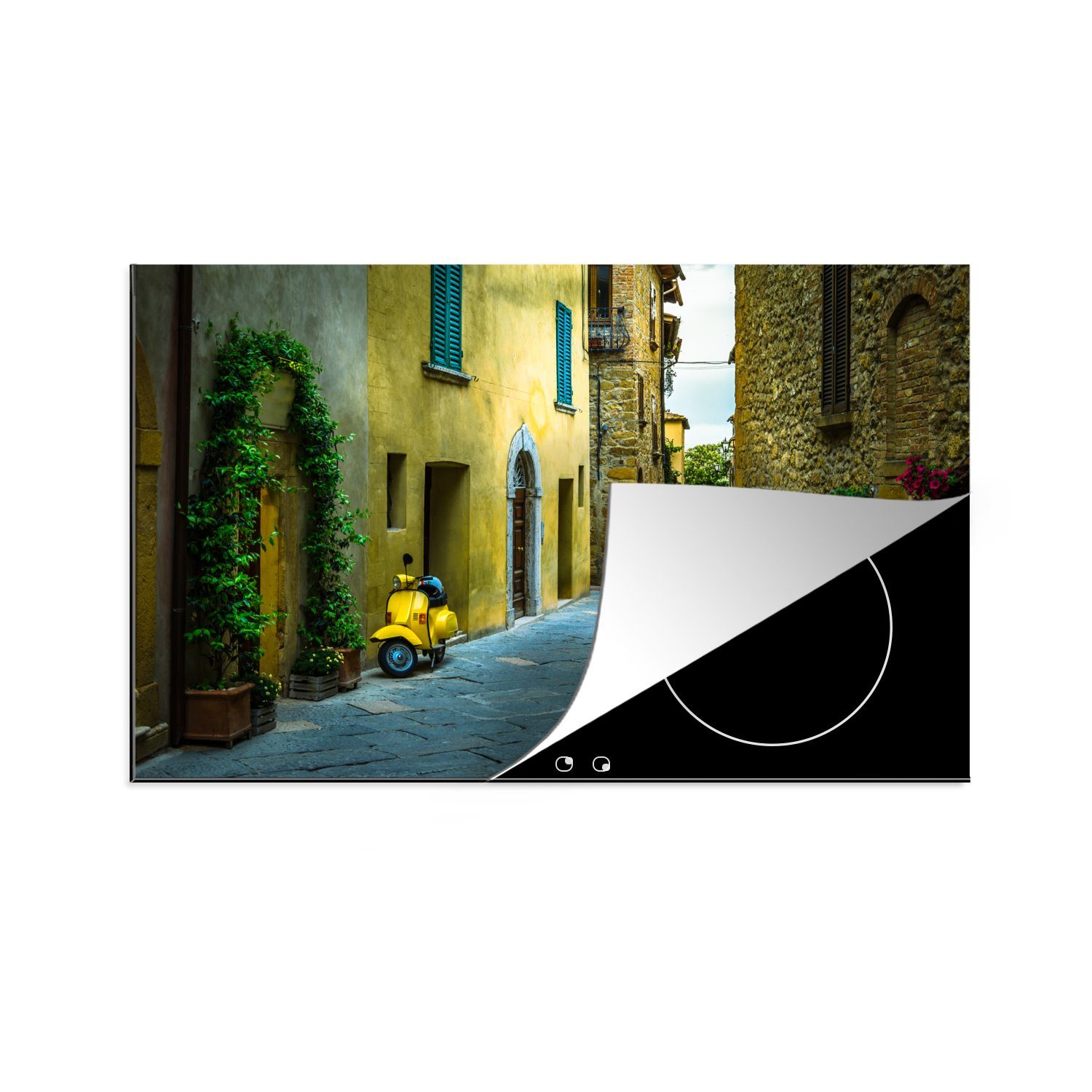MuchoWow Herdblende-/Abdeckplatte Straßen mit traditionellen Häusern in der toskanischen Stadt San, Vinyl, (1 tlg), 81x52 cm, Induktionskochfeld Schutz für die küche, Ceranfeldabdeckung