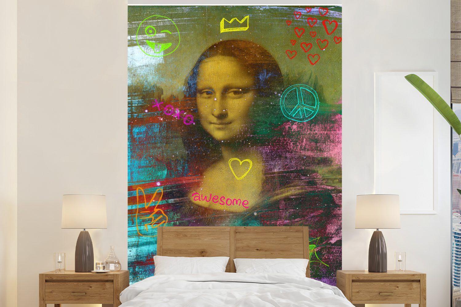 MuchoWow Fototapete Mona Lisa - Leonardo da Vinci - Neon, Matt, bedruckt, (3 St), Montagefertig Vinyl Tapete für Wohnzimmer, Wandtapete