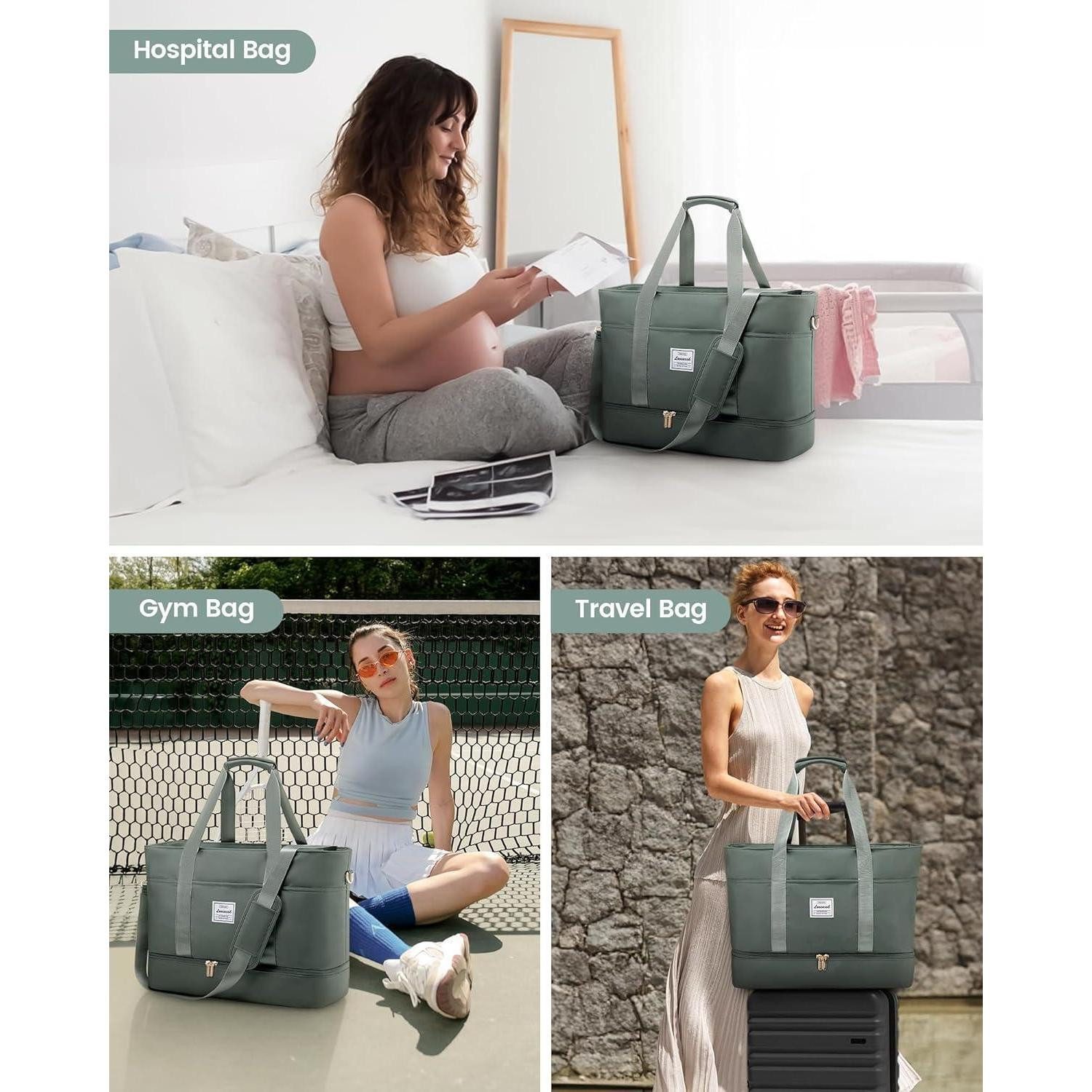 LuxusKollektion Weekender Reisetasche Damen Wasserdicht Weekender Schuhfach 52L Graugrün