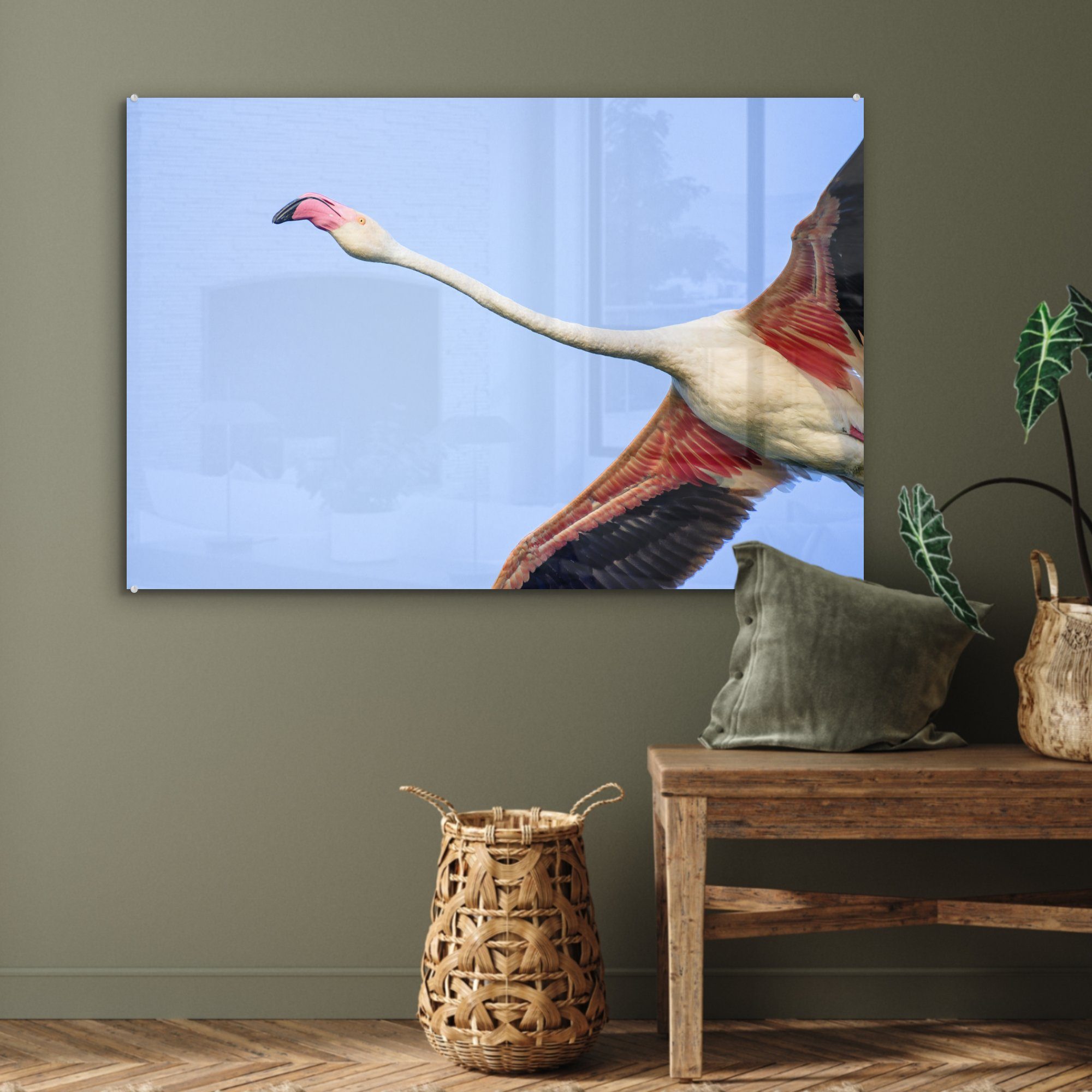 Acrylglasbilder eines Ansicht Acrylglasbild von unten, St), MuchoWow Schlafzimmer (1 Flamingos fliegenden Wohnzimmer &