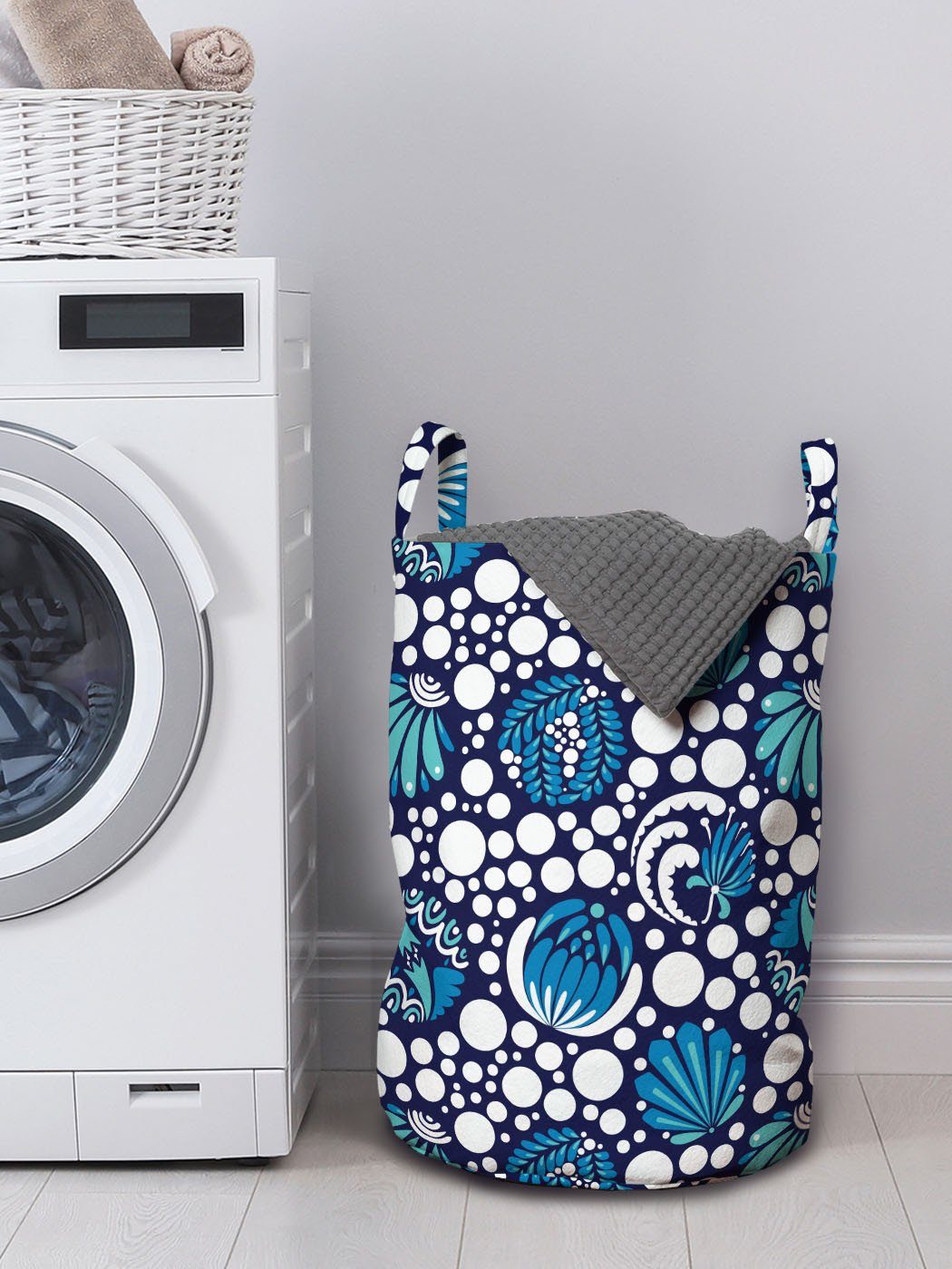 mit Blau Wäschesäckchen Waschsalons, weiß Kordelzugverschluss für Wäschekorb -punktiertes Abakuhaus und Griffen