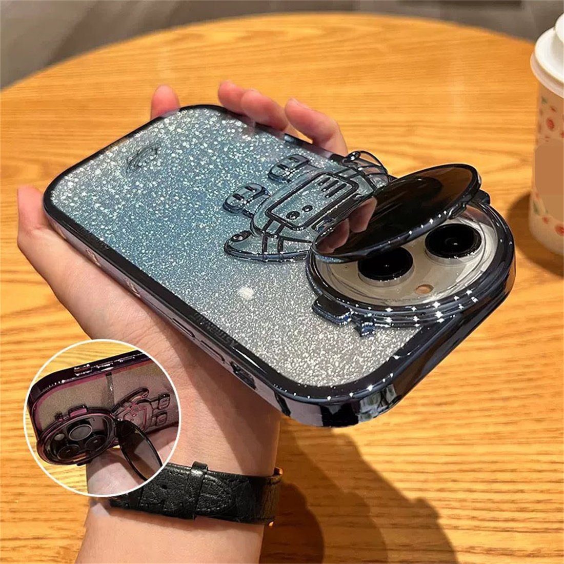 DÖRÖY Handytasche Tasche für iPhone 14Pro, Plating Gradient Astronaut Schwarz Case, Case Glitter