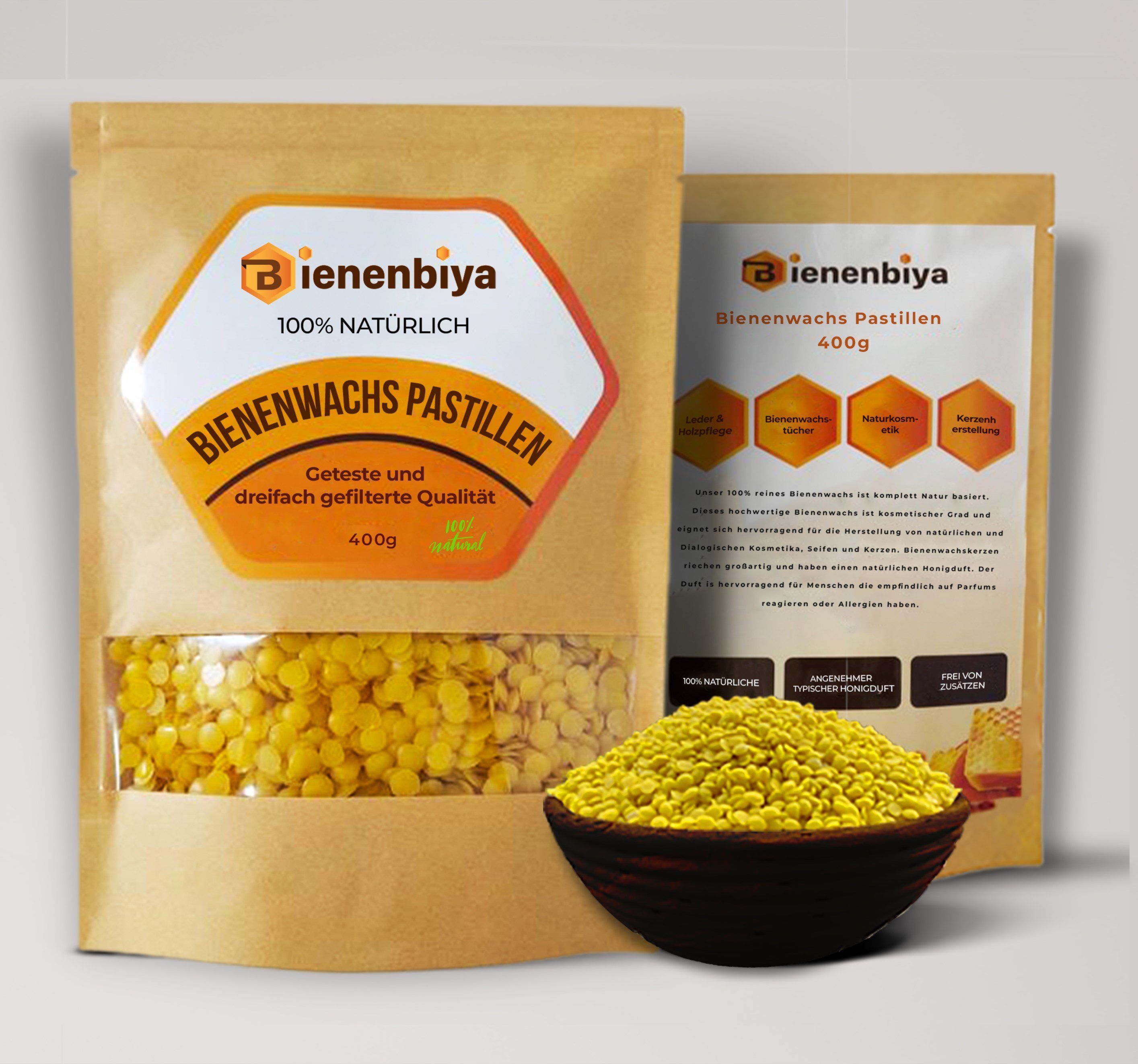 Bienenbiya Bienenwachstücher 200g/400g/1Kg 100% Reine Bienenwachs Pastillen ohne Zusatzstoffe, natürliches Beeswax für Salben,Kosmetika,Seifen,Kerzenherstellung und Leder-/Holzpflege, 100% natürlich ohne zusatzstoffe