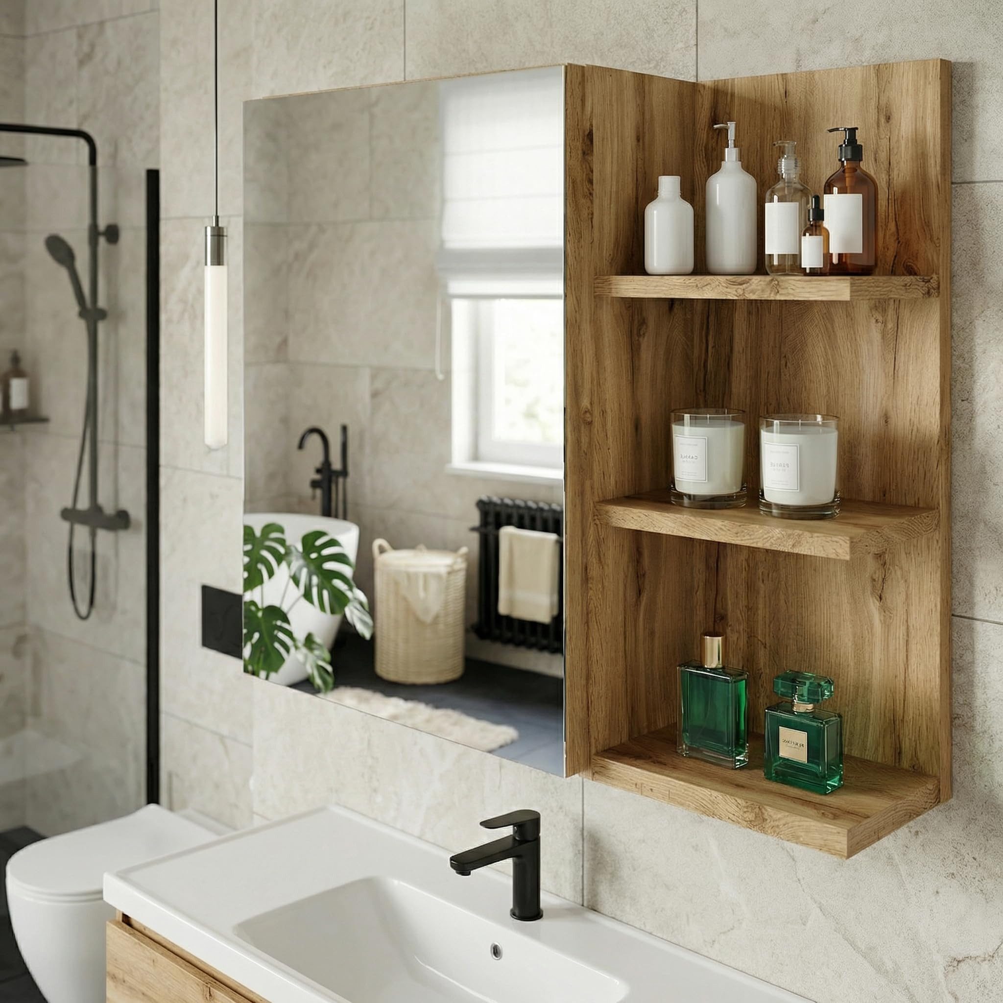TREND WERK Spiegelschrank Badezimmer mit Ablage & Stauraum (59×16×50 cm Hängender Badezimmerschrank zur Wandmontage mit Regal) – modern & pflegeleicht – Bild 5 von 5