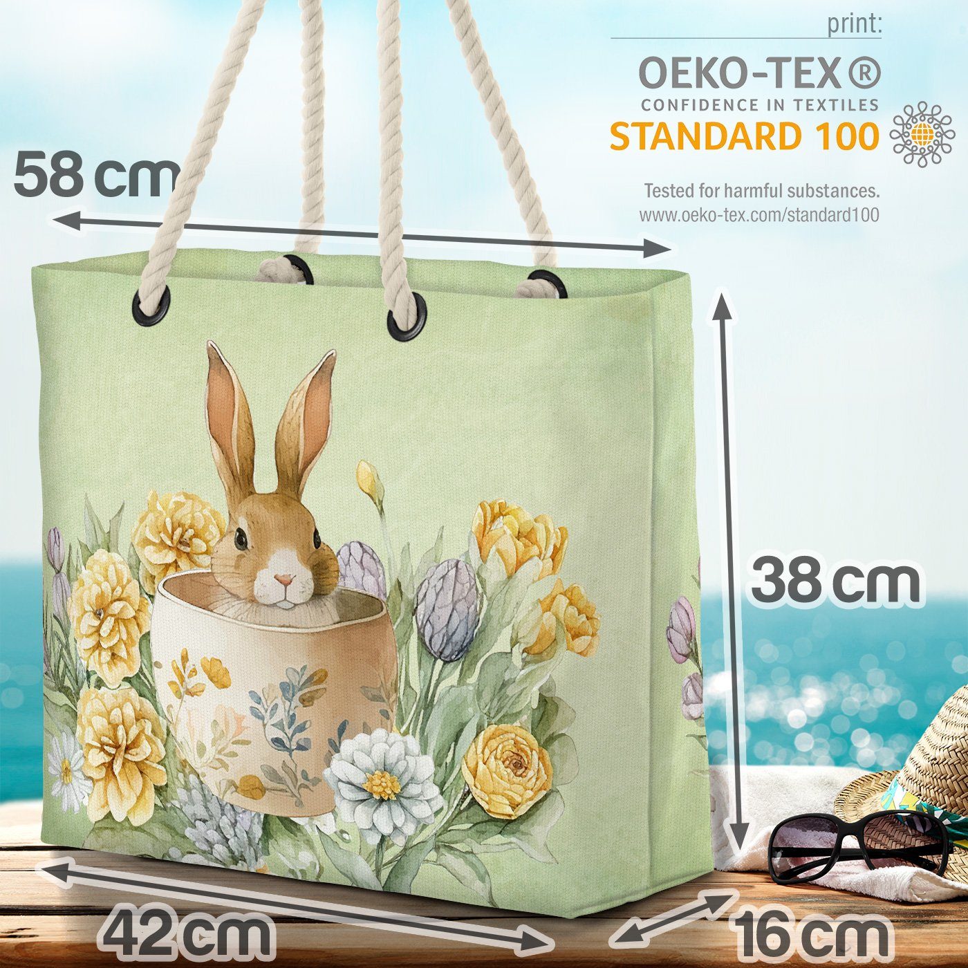 VOID Strandtasche (1-tlg), Hase Eierschale Einkaufstasche Beach Bag Osterblumen Ostern Tasche