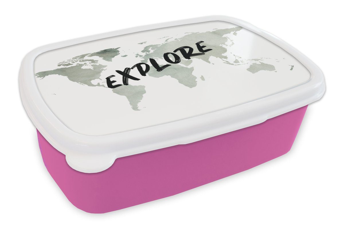 MuchoWow Lunchbox Weltkarte - Zitat - Aquarell, Kunststoff, (2-tlg), Brotbox für Erwachsene, Brotdose Kinder, Snackbox, Mädchen, Kunststoff rosa