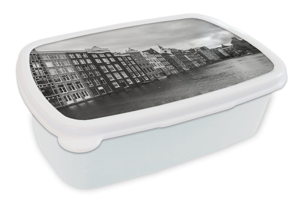 MuchoWow Lunchbox Amsterdam Grachten Schwarz-Weiß-Fotodruck, Kunststoff, (2-tlg), Brotbox für Kinder und Erwachsene, Brotdose, für Jungs und Mädchen
