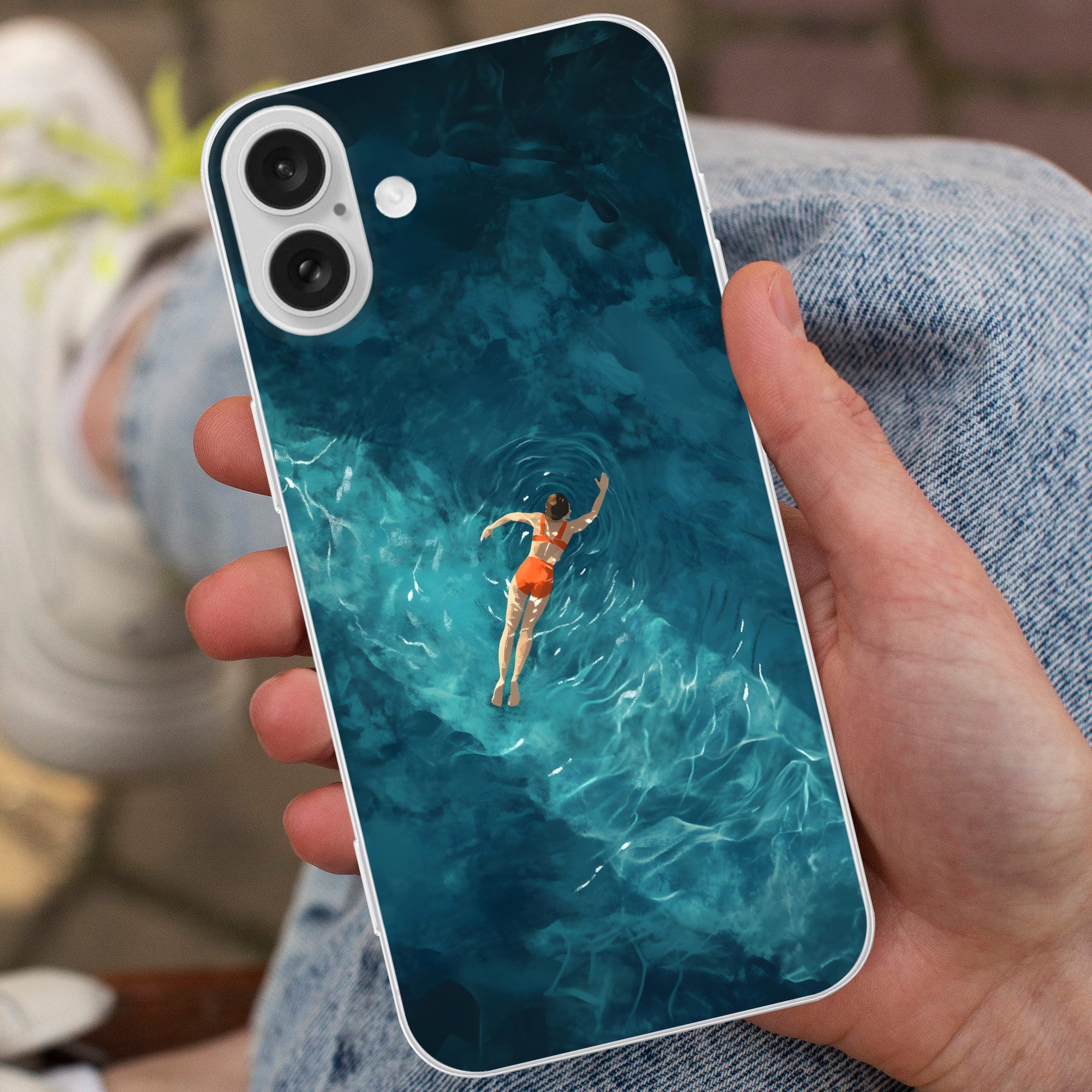 MuchoWow Handyhülle für Apple iPhone 16 Plus Frau - Wasser - Bikini - Orange, Smartphone-Bumper, Print, Handy Schutzhülle Dünn