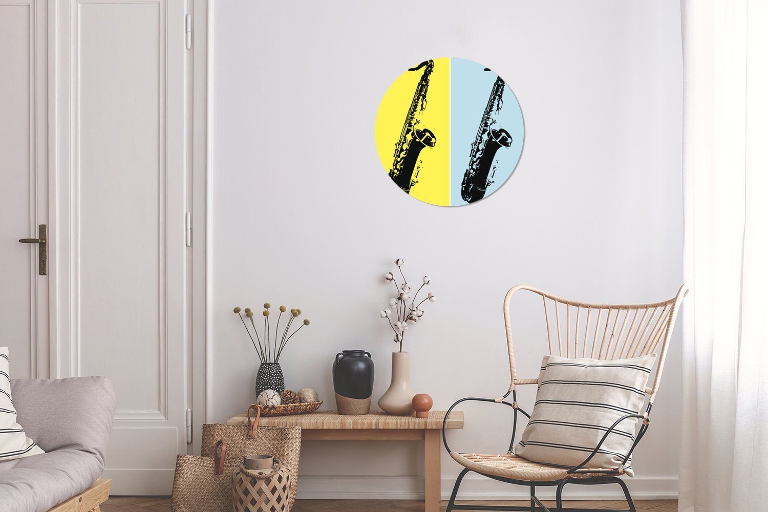 MuchoWow Wandsticker Illustration zwei Rund, auf Wohnzimmer einem für Saxophonen Tapetenaufkleber, St), (1 farbigen Kinderzimmer, von Hintergrund Tapetenkreis