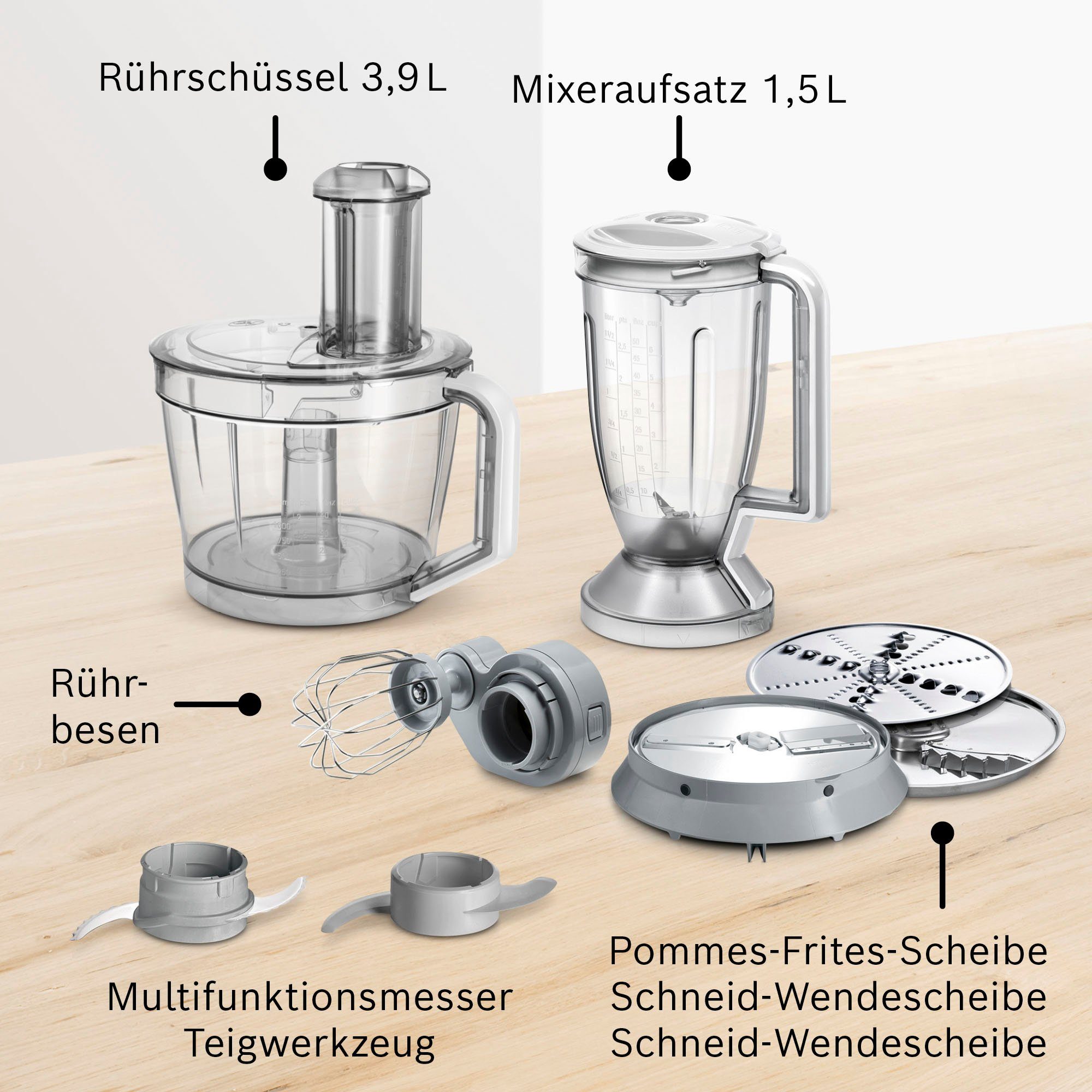 Kompakt-Küchenmaschine BOSCH 1,5l MC812S814, 3,9 MultiTalent 1250 W, Scheiben Universalmesser, Rührbesen, l 8 Mixaufsatz, 3 Schüssel, 3,9l Schüssel,