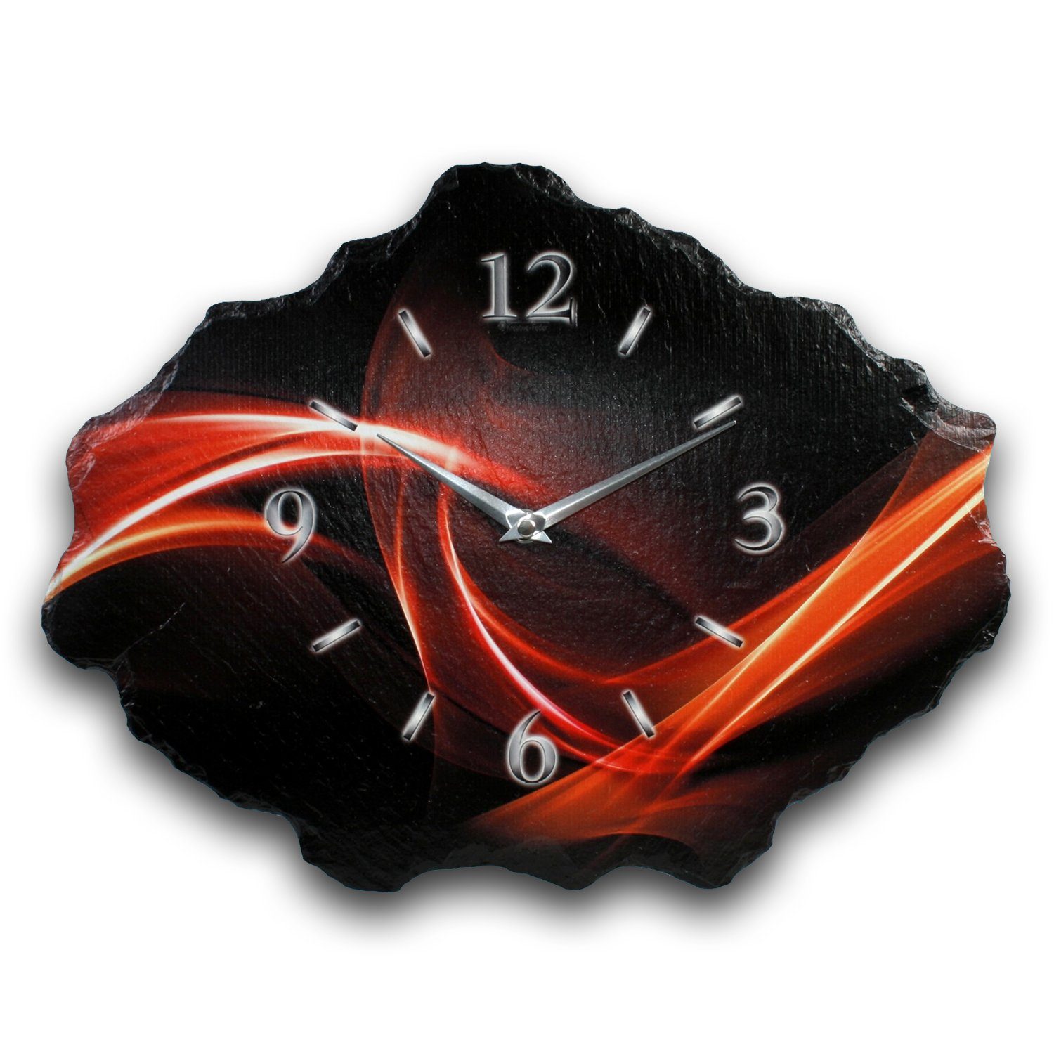 Kreative Feder Wanduhr Design-Wanduhr aus Stein (Beton) „Abstrakt Rot“ (Funk- oder Quarzuhrwerk, ohne Ticken, elegant, außergewöhnlich, modern)