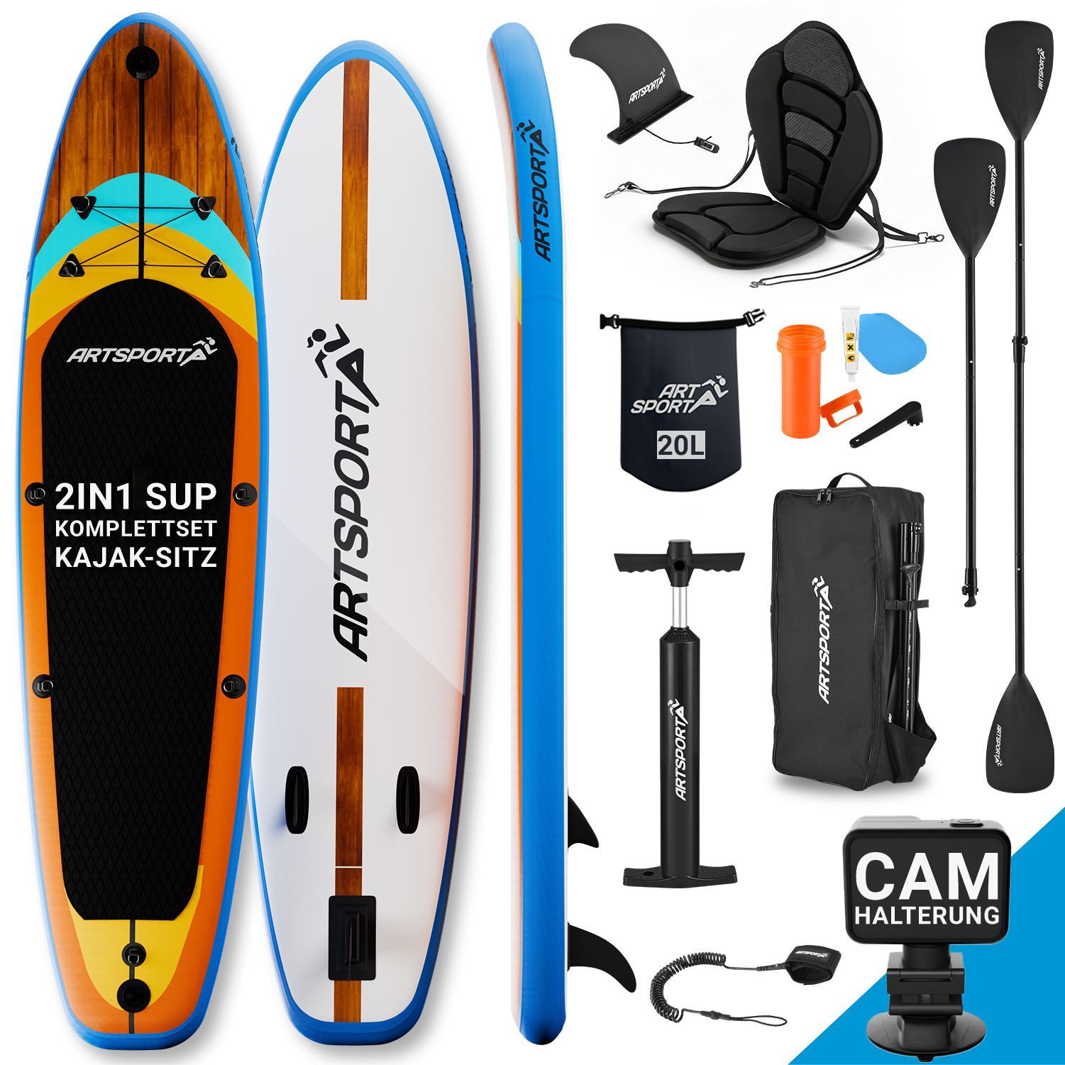 ArtSport Inflatable SUP-Board Beach Rocker, Stand Up Paddling Board, Ideal für Anfänger, bis 150 kg, inkl. Kajak-Set und Zubehör