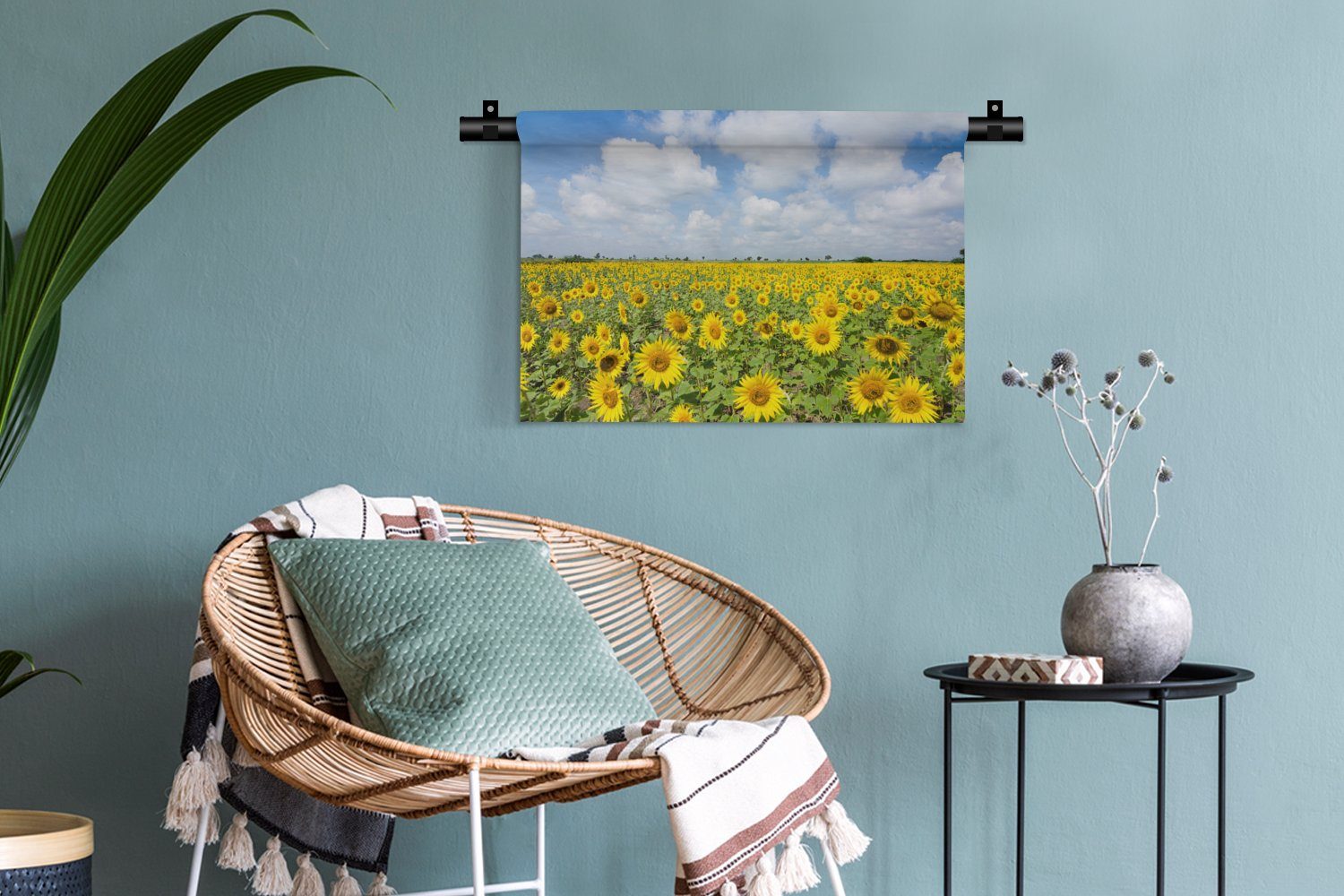 Wanddekoobjekt Natur Wolken - - Blumen für Kinderzimmer Schlafzimmer, Gelb Landschaft, - MuchoWow - Wohnzimmer, - Wanddeko Sonnenblumen Kleid, Wandbehang,
