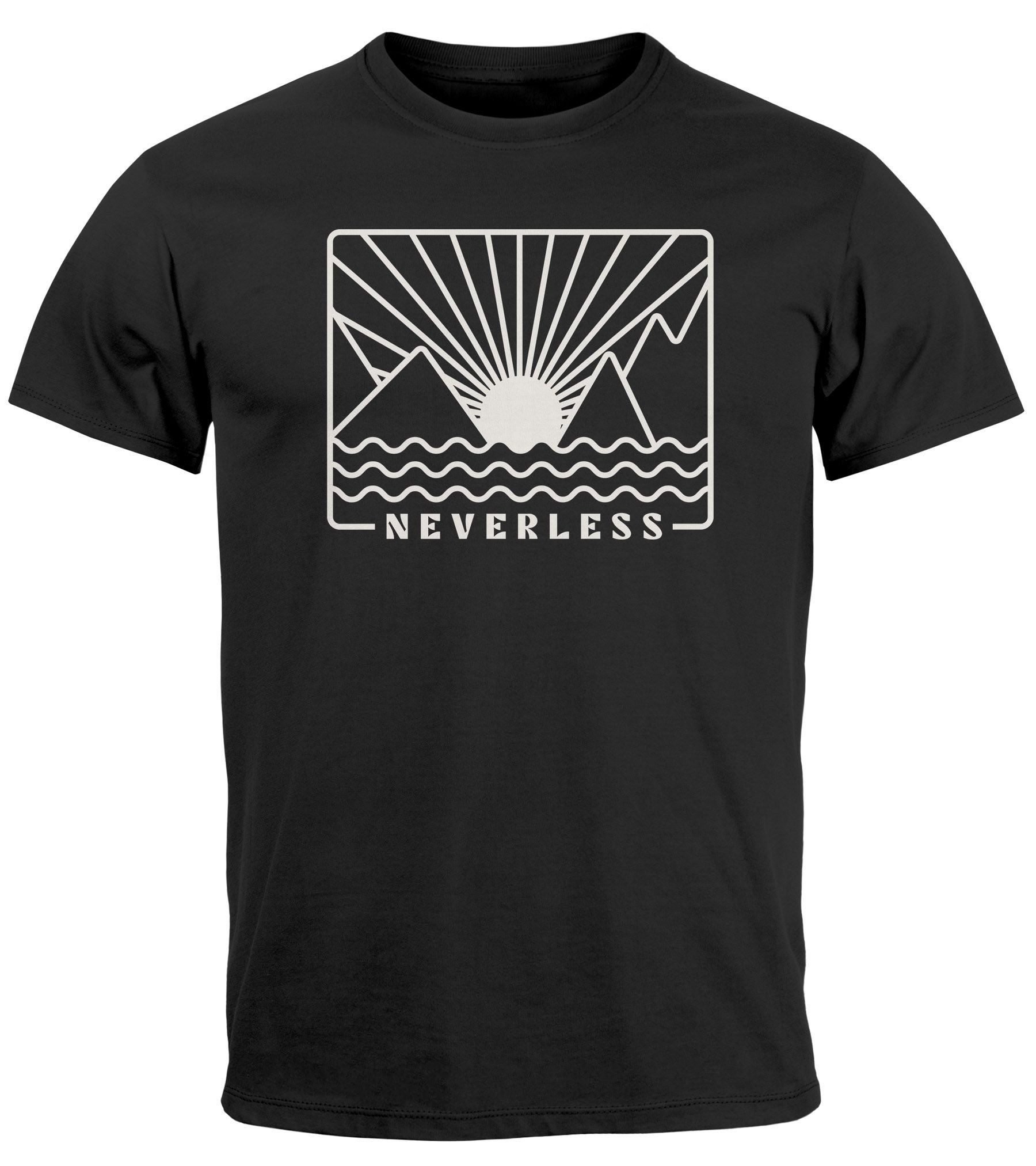 Print-Shirt Herren T-Shirt Outdoor Grafik Line Art Berge Sonne Natur Männer