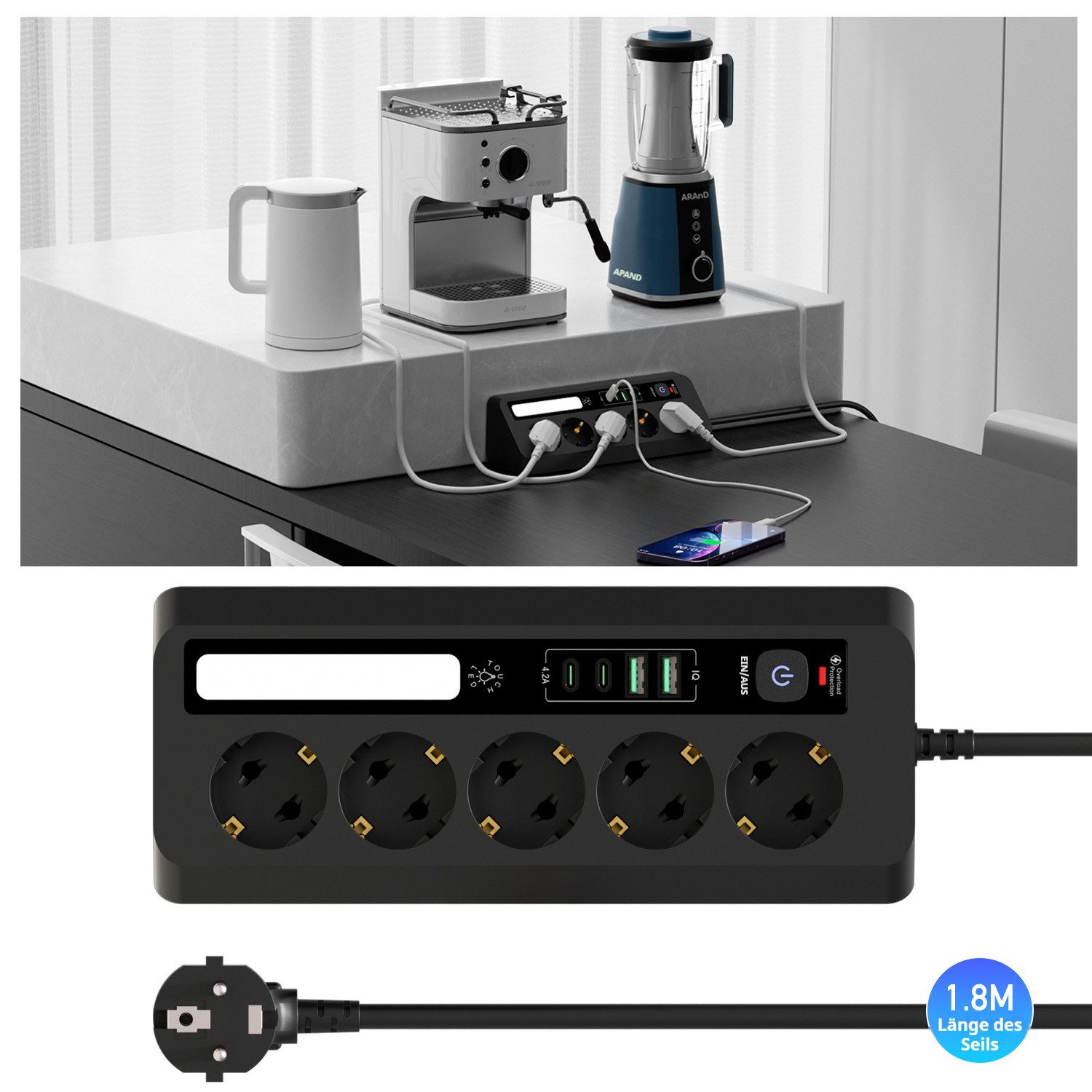 QUBEBU Mehrfachsteckdose mit Schalter, 2500W 5 Fach Steckdosenleiste mit 4USB Steckdosenleiste 5-fach (Ein-/Ausschalter, LED-Statusanzeige, USB-Anschlusse, Überlastschutz)