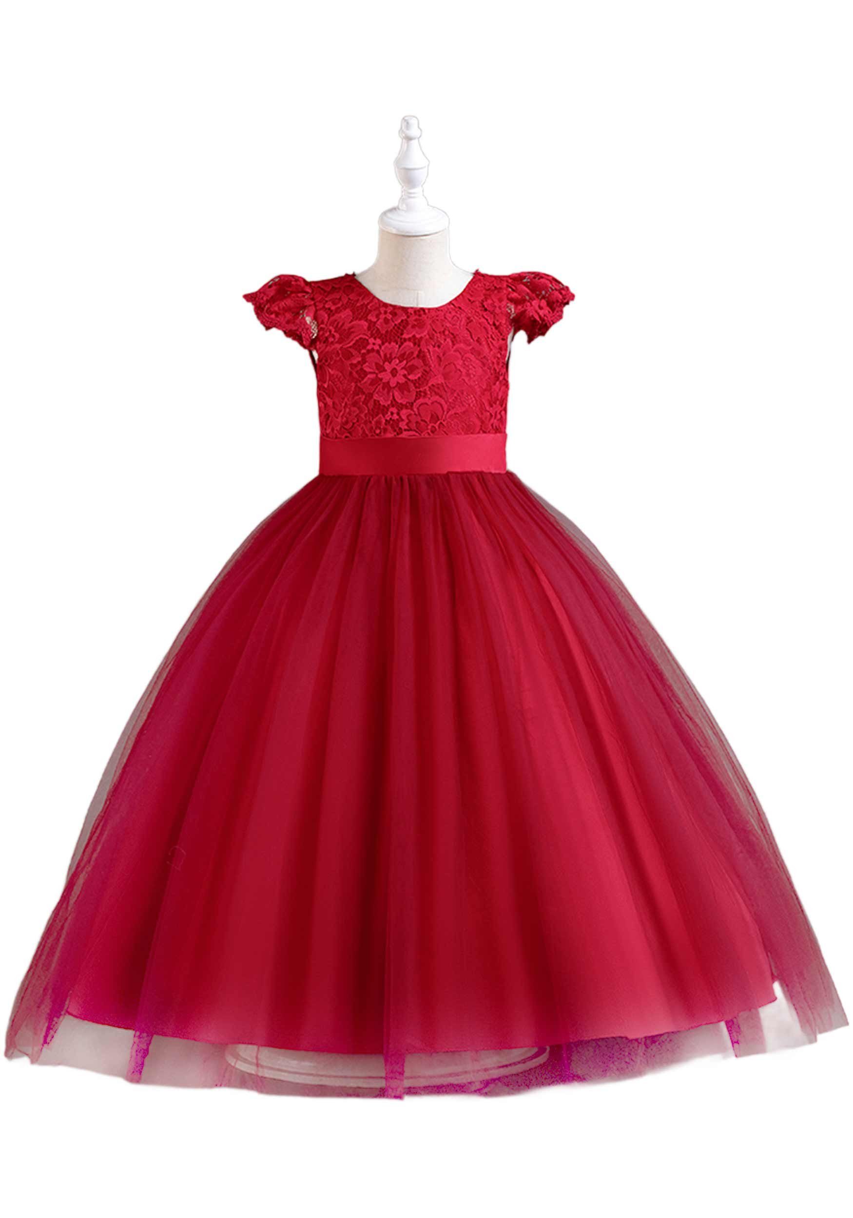 Daisred Abendkleid Kinderkleider Prinzessinnenkleid Blumenmädchen Tüllkleider Rot