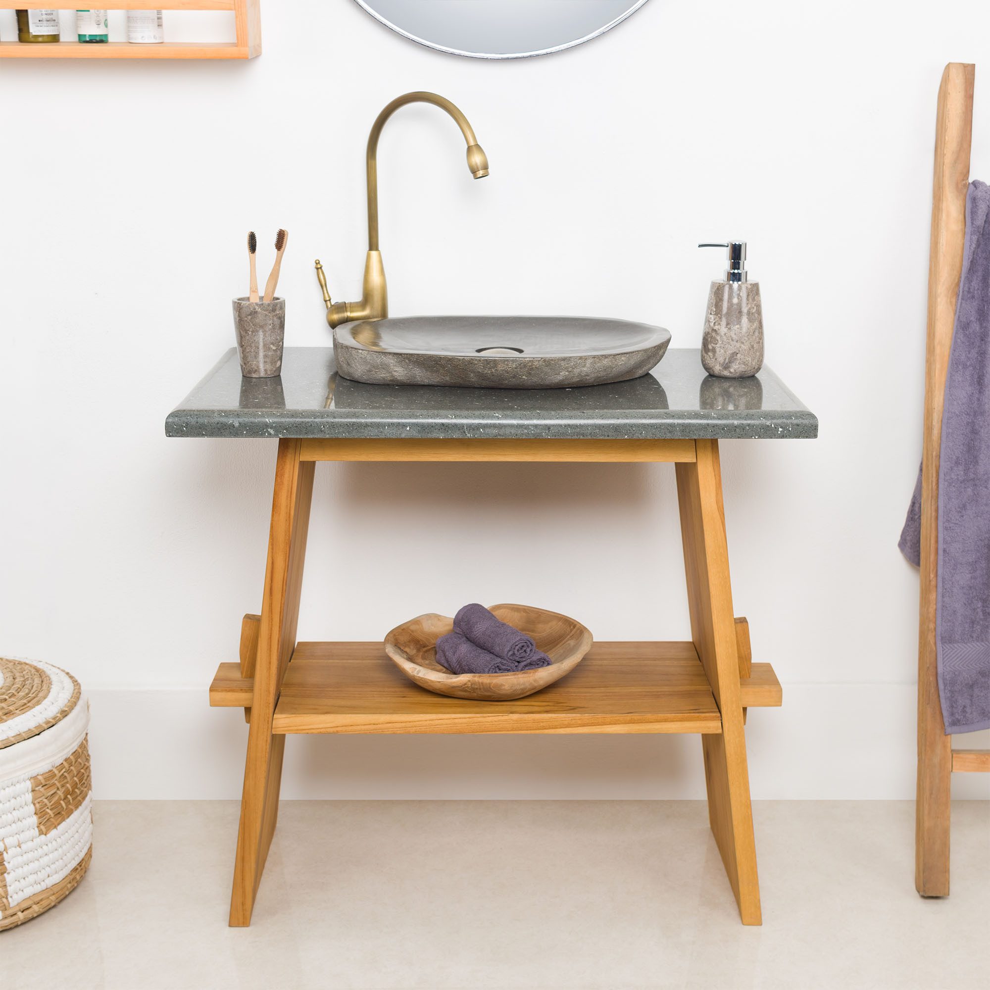 wohnfreuden Waschbeckenunterschrank Teakholz Waschtisch ZEN 80 cm mit Natursteinplatte